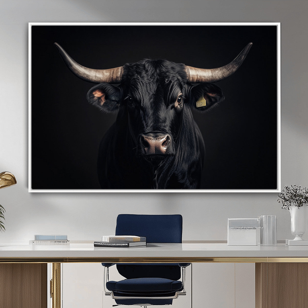 MGV-FC-36X24 - Black Bull Wall Art – Framed Horned Bull Canvas Artwork, Western Cattle Design, Rustic Ranch Style Decor for Home, Office