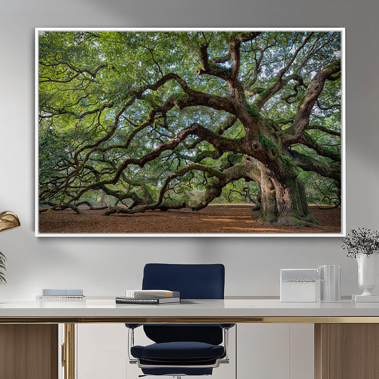 MGV-FC-36X24 - Ancient Oak Tree Wall Art – Canvas Print of Expansive Branches Lush Green Canopy, Tranquil Landscape, Majestic Nature Decor for Home or Office