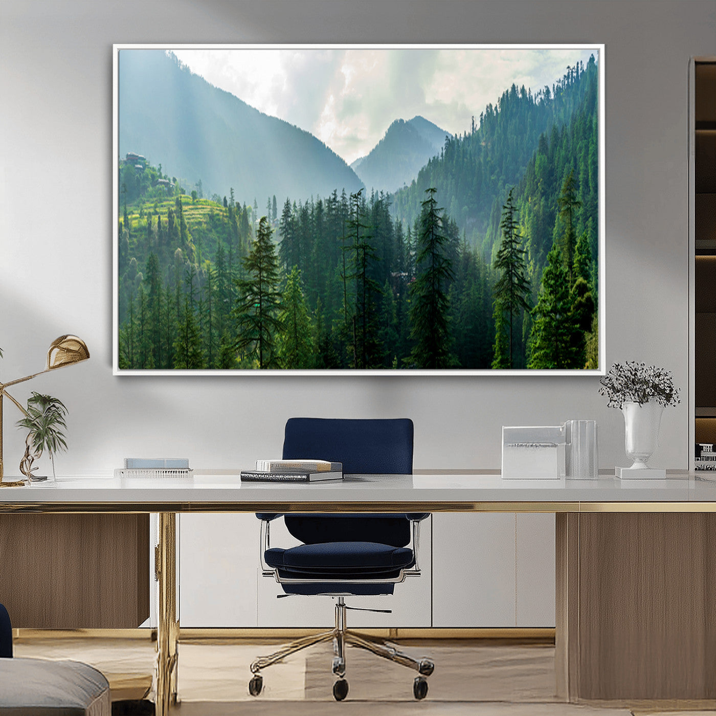 83417191-MGV-CV-36X24-Misty Forest Mountain Wall Art Canvas Print – Framed Serene Nature Scene with Tranquil Valley Artwork for Home, Office