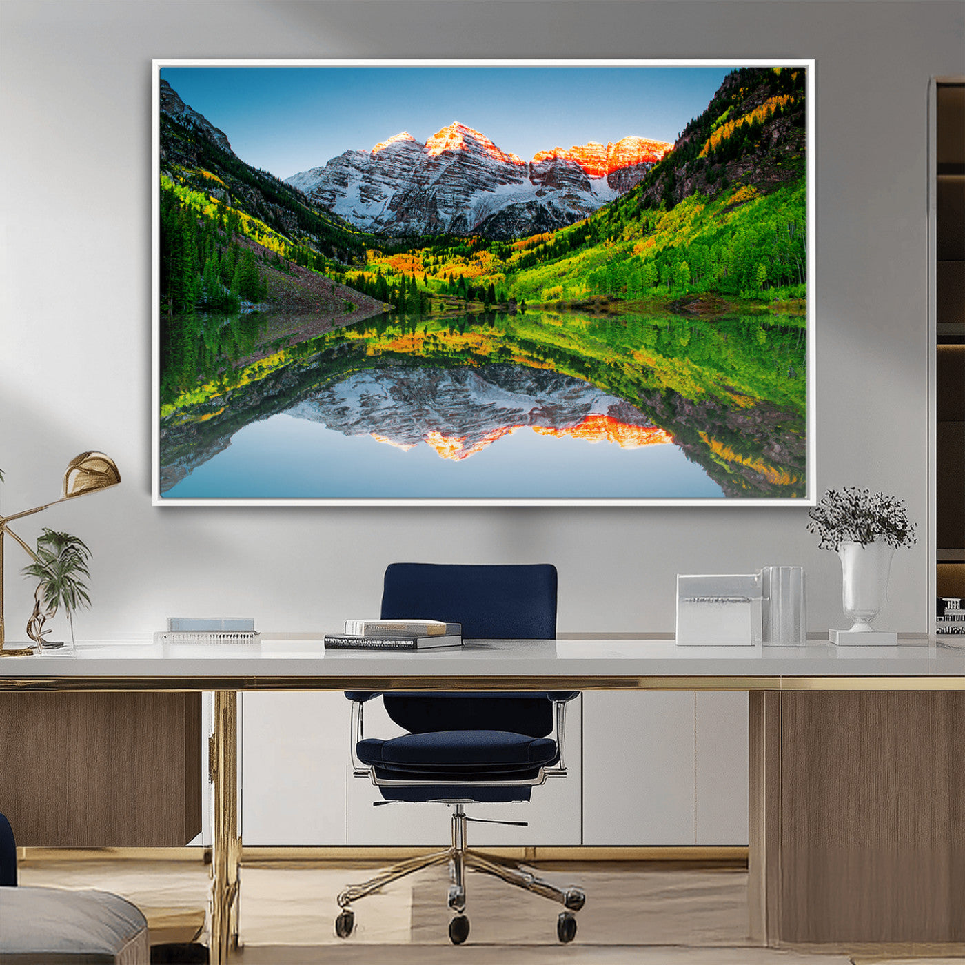17996974-MGV-CV-36X24-Sunrise Maroon Bells Lake Wall Art Canvas Print – Framed Elk Mountains Landscape Artwork for Home, Office