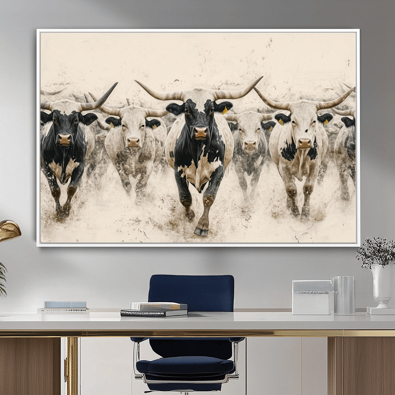 MGV-FC-36X24 - Cream Dust Longhorn Wall Art – Canvas Print of Western Herd Stampede, Dynamic Charge, Rustic Prairie Motion, Bold Nature Farm Decor