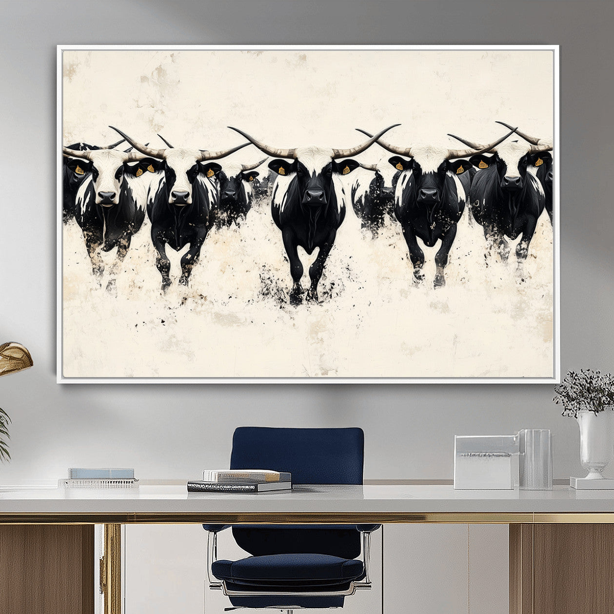 MGV-FC-36X24 - Longhorn Cattle Wall Art – Canvas Print of Herd in Motion, Symmetry and Ink Splatter, Minimalist Western Ranch, Bold Rustic Farm Decor