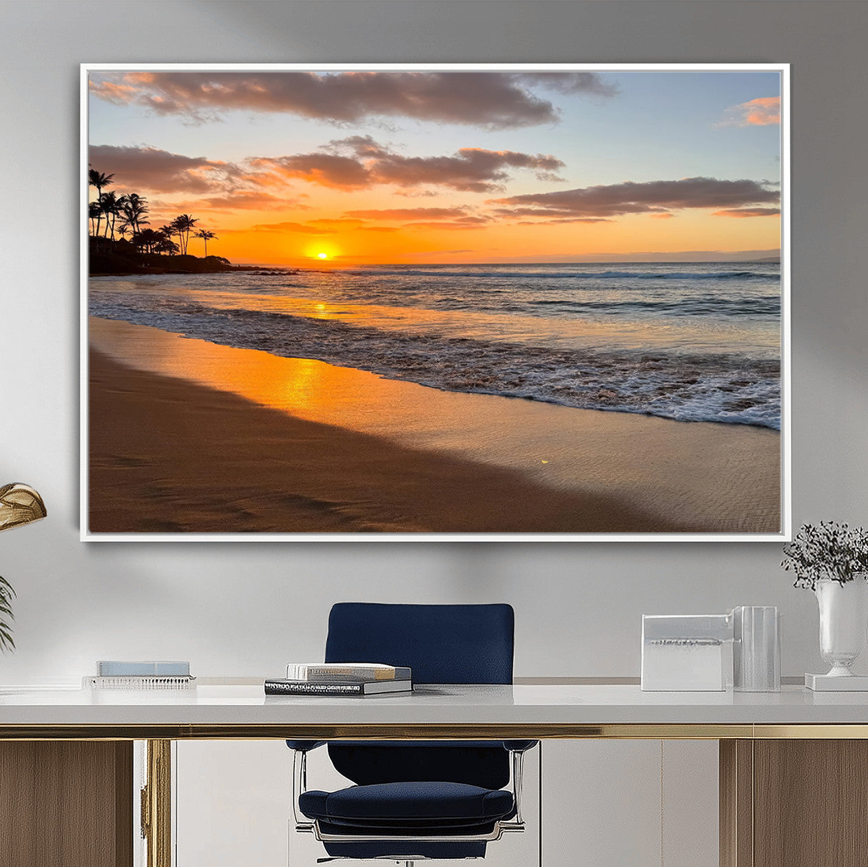 MGV-FC-36X24 - Sunset Glow Wall Art – Canvas Print of Ocean Breeze, Golden Sand, Tropical Palm Silhouettes, Tranquil Waves, Beach Nature Decor for Home