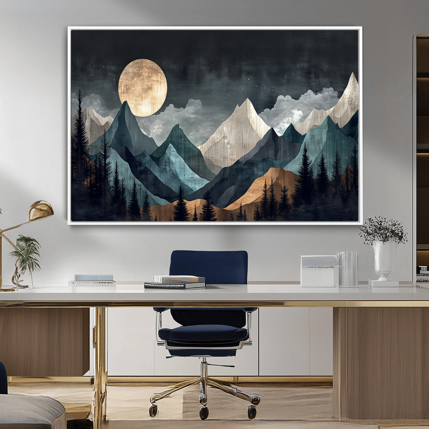 11060882-MGV-FC-36X24_White-Moonlit Mountain Wall Art Canvas Print – Silhouetted Pines Layered Peaks Tranquil Sky Mist Silver Light Nature Artwork for Home