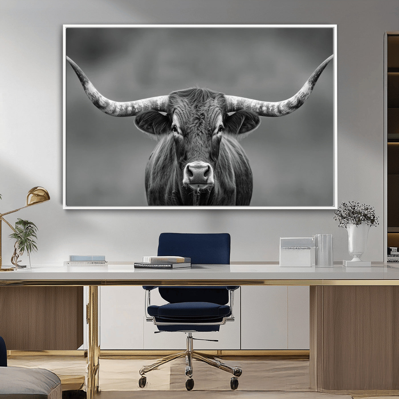 81228550-MGV-CV-36X24-Texas Longhorn Wall Art Canvas Print – Framed Western Bull Ranch Photography Rustic Country Farm Decor Artwork for home, office