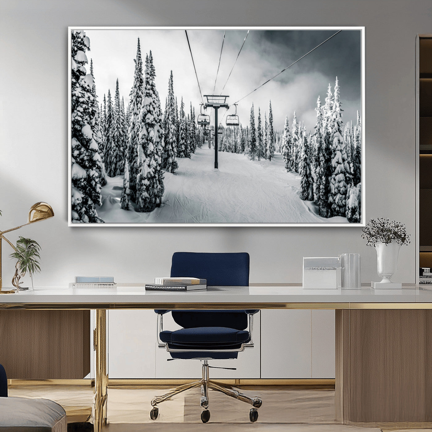31156828-MGV-CV-36X24-Snowy Pines Wall Art Canvas Print – Framed Ski Lift Winter Forest Snowy Landscape Moody Lodge Artwork for Home, Office