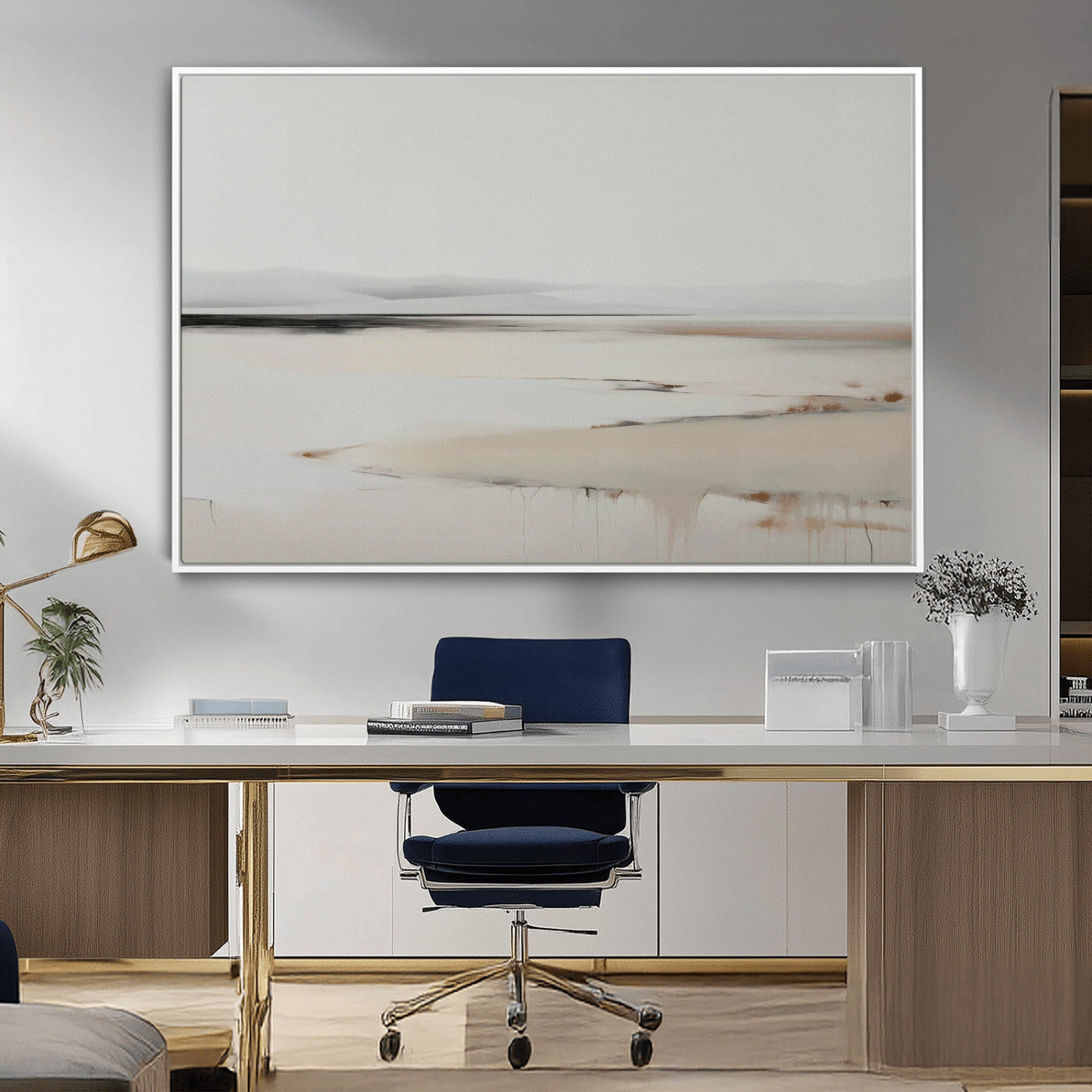 89410095-MGV-CV-36X24-Minimalist Landscape Wall Art Canvas Print – Framed Soft Horizon Abstract Seascape Earthy Tones Artwork for Home Office