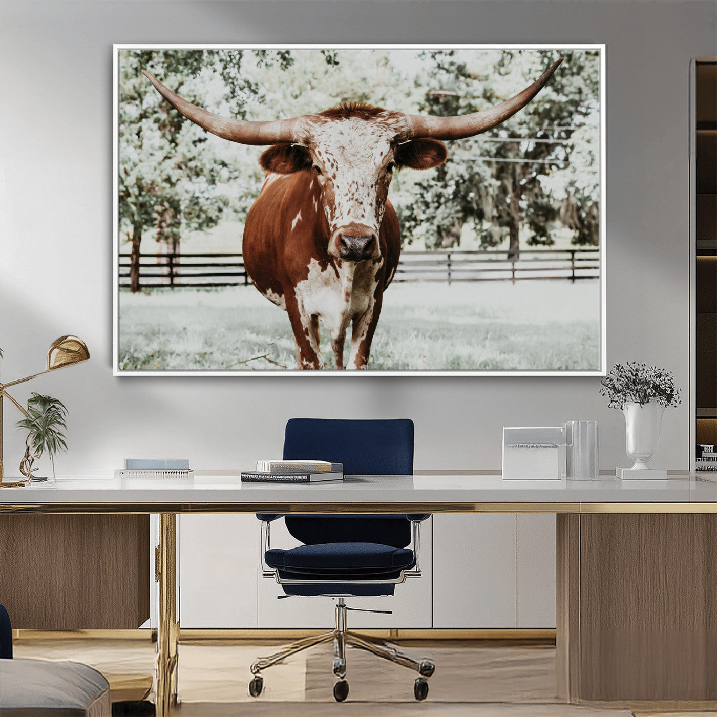 -Texas Longhorn Wall Art Canvas Print, Framed Spotted Cow Art Picture Print, Horned Cattle Perfect Rustic Western Decor Artwork