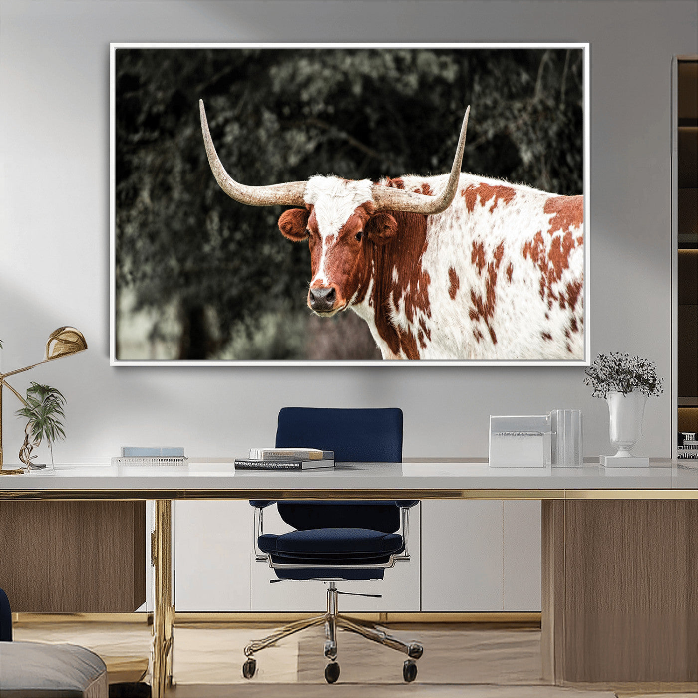 -Texas Longhorn Wall Art Canvas Print, Framed Spotted Cow Art Picture Print, Horned Bull Perfect Rustic Western Decor Artwork