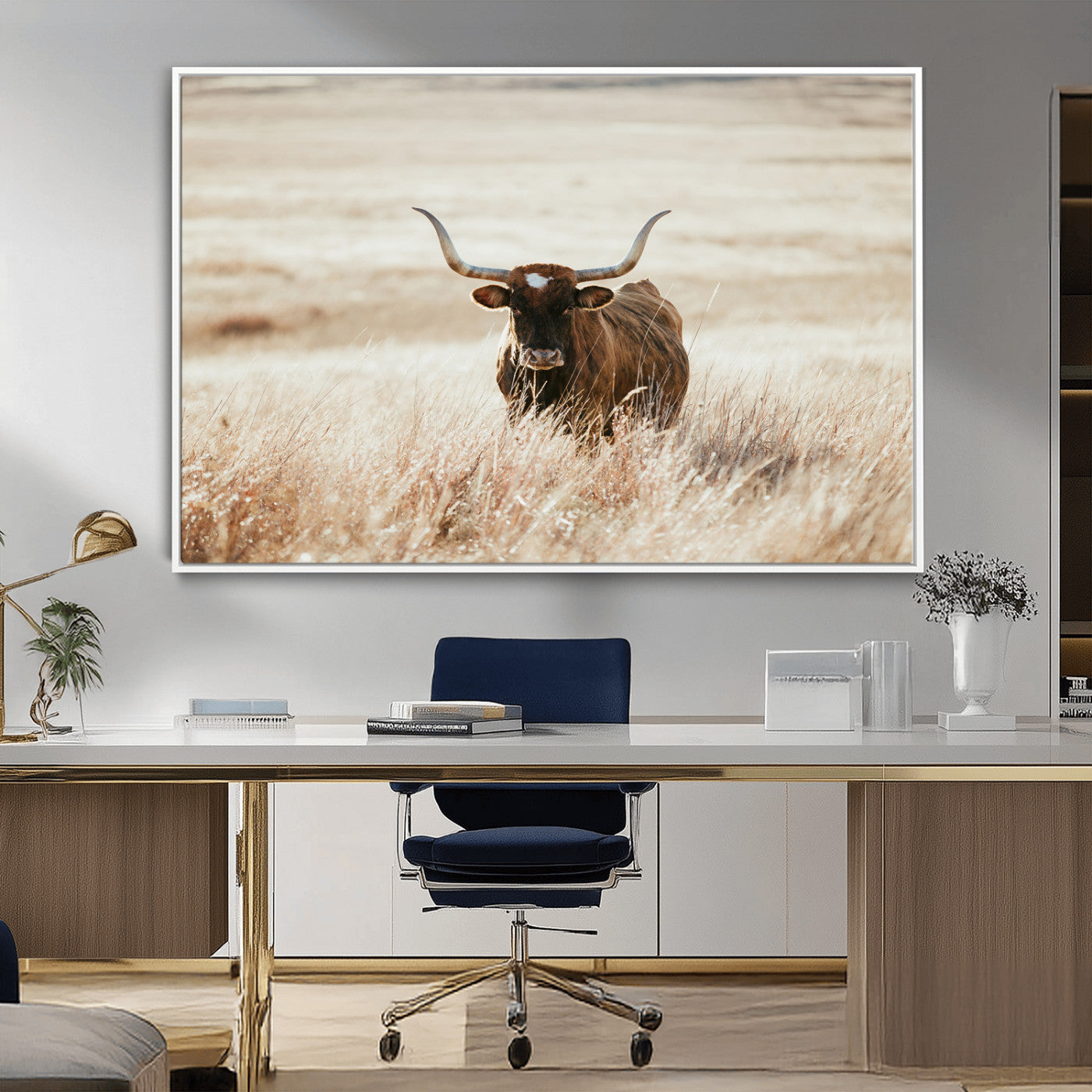 -Texas Longhorn Wall Art Canvas Print, Framed Brown Cattle Art Picture Print, Horned Bull Perfect Rustic Western Decor Artwork