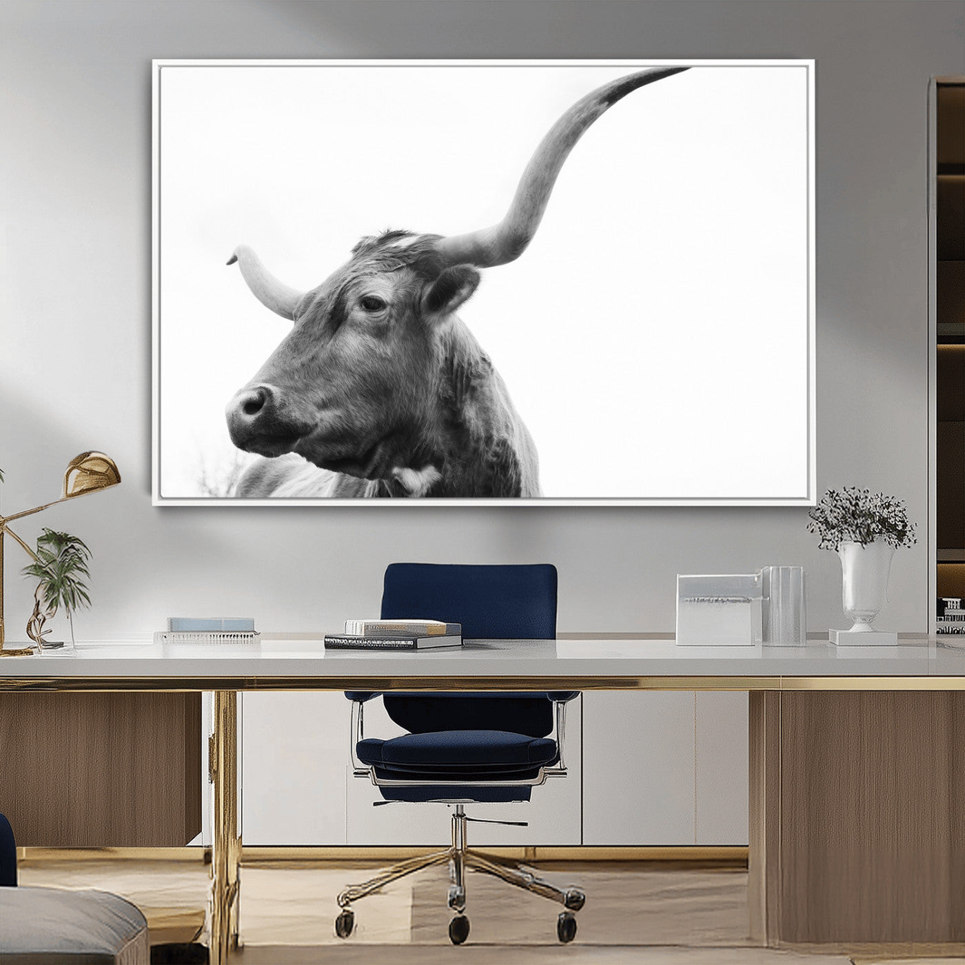 -Longhorn Wall Art Wall Art Canvas Print, Framed Modern Ranch Style Art Art Picture Print, Monochrome Cow Print Perfect Rustic Western Decor Artwork