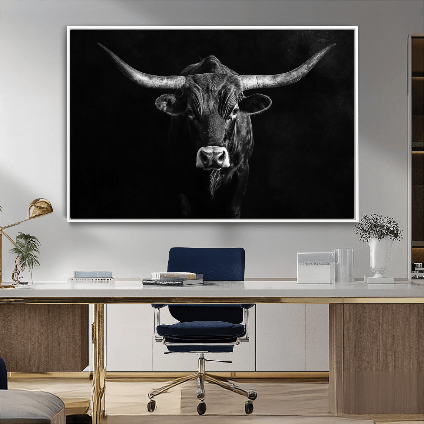 -Texas Longhorn Wall Art Canvas Print, Framed Monochrome Bull Art Picture Print, Horned Bull Perfect Rustic Western Decor Artwork