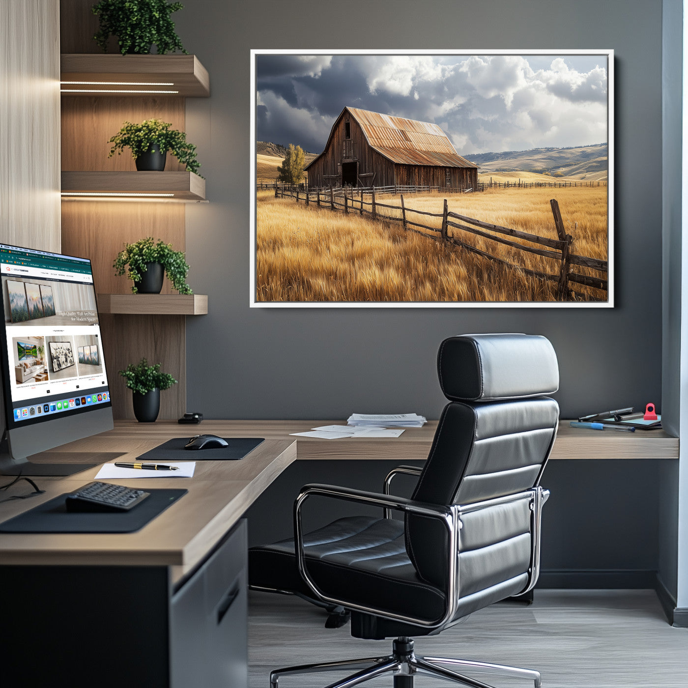 -Rustic Barn Wall Art Canvas Print, Framed Moody Barn Art Picture Print, Golden Field Perfect Rustic