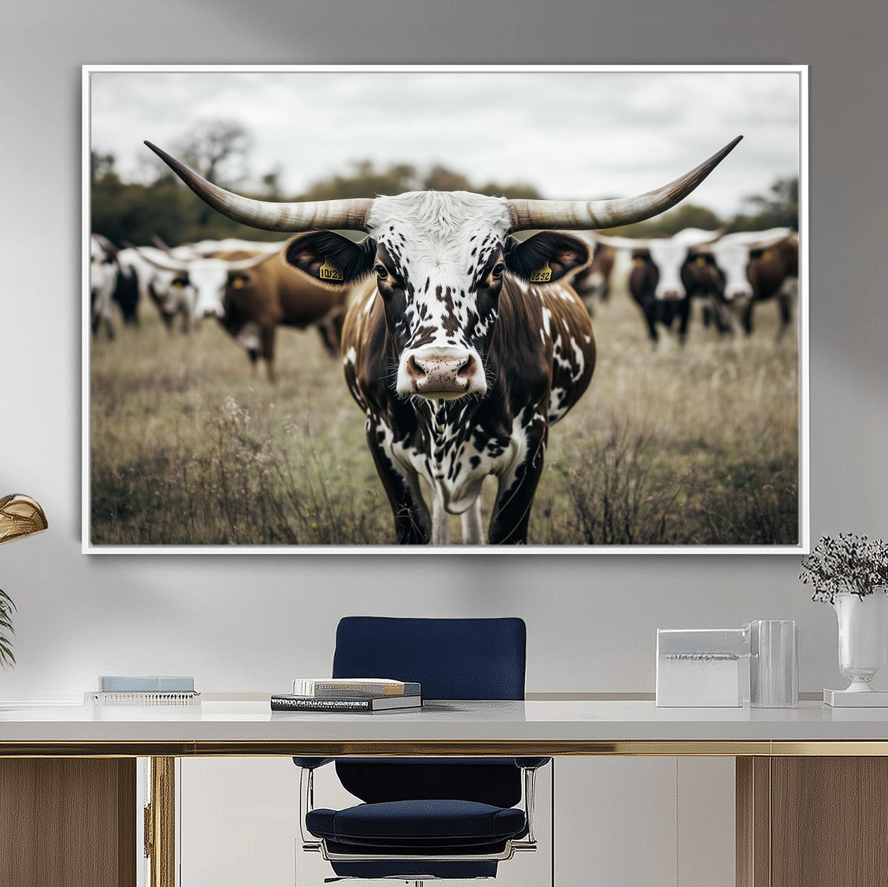 79025945-MGV-CV-36X24-Texas Longhorn Wall Art – Framed Speckled Cow Canvas Artwork, Horned Cattle Design, Western Ranch Decor for Home, Office