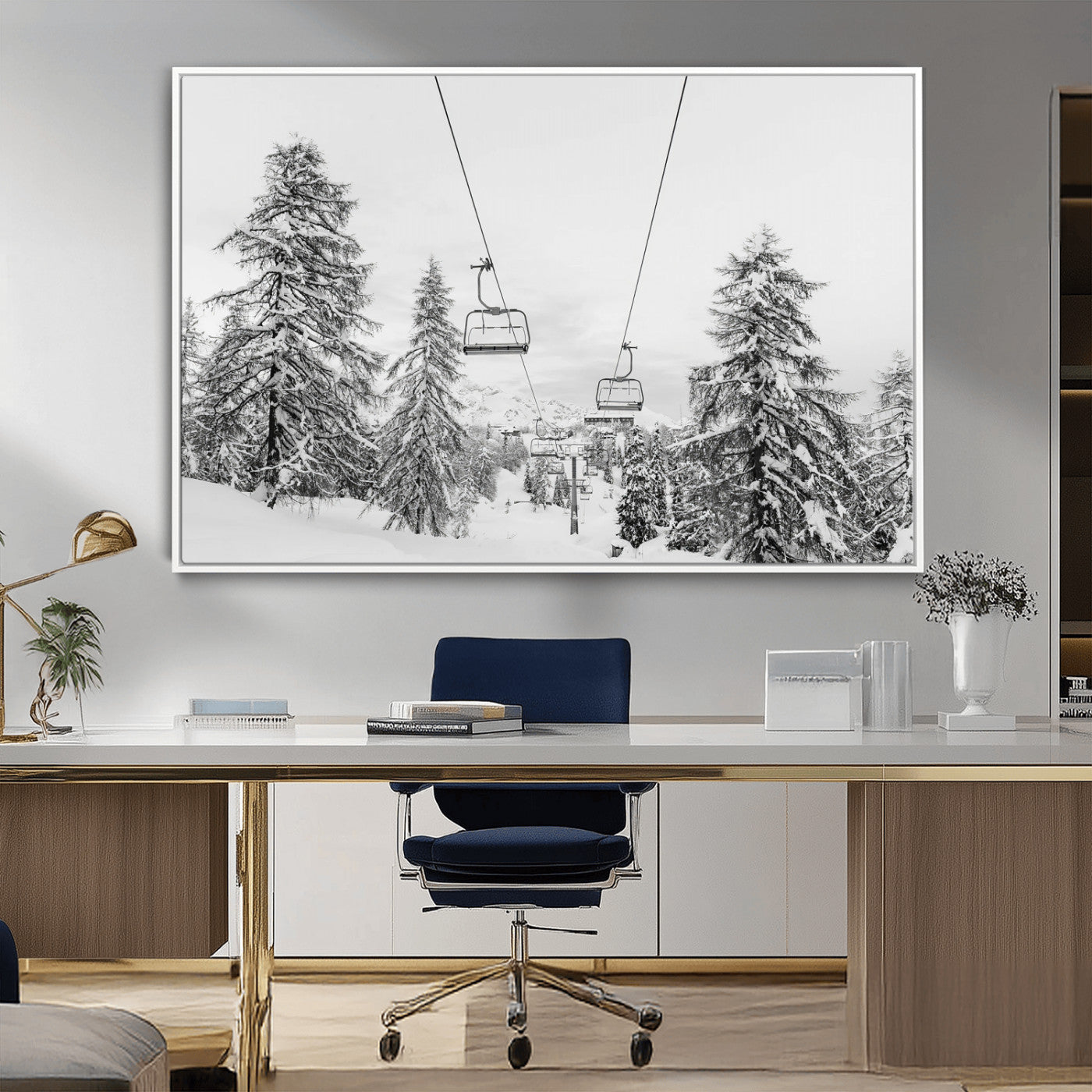 55003599-MGV-CV-36X24-Ski Lift Wall Art – Framed Snowy Mountain Canvas Artwork, Winter Forest Design, Minimal Nature Decor for Home, Office