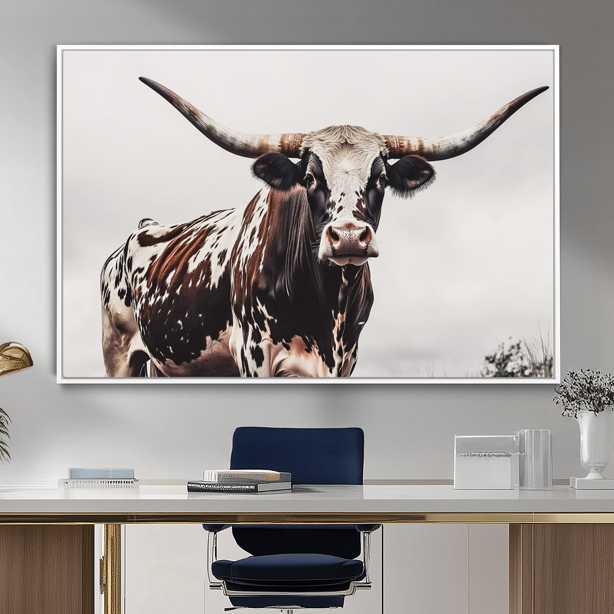95249234-MGV-CV-36X24-Texas Longhorn Wall Art Canvas Print – Framed Spotted Bull Scene with Horned Cattle Artwork for Home, Office