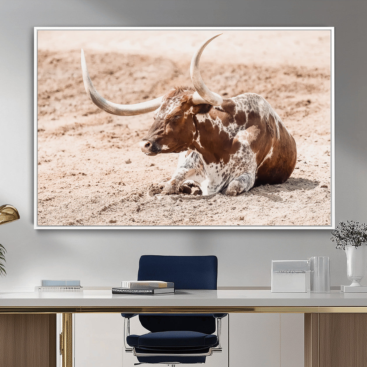 91248682-MGV-CV-36X24-Texas Longhorn Wall Art Canvas Print – Framed Resting Bull Scene with Spotted Cattle Artwork for Home, Office