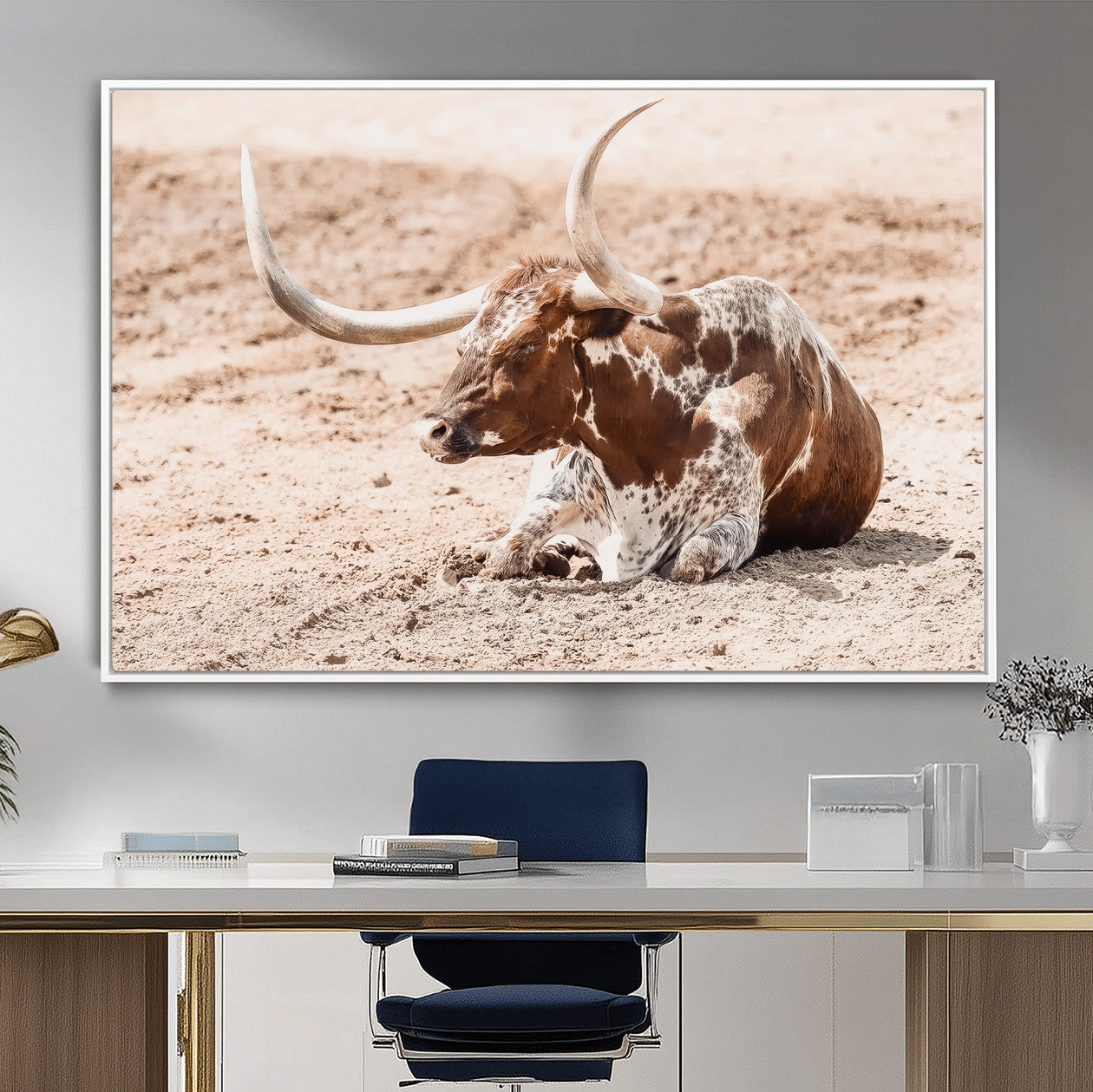 91248682-MGV-CV-36X24-Texas Longhorn Wall Art Canvas Print – Framed Resting Bull Scene with Spotted Cattle Artwork for Home, Office