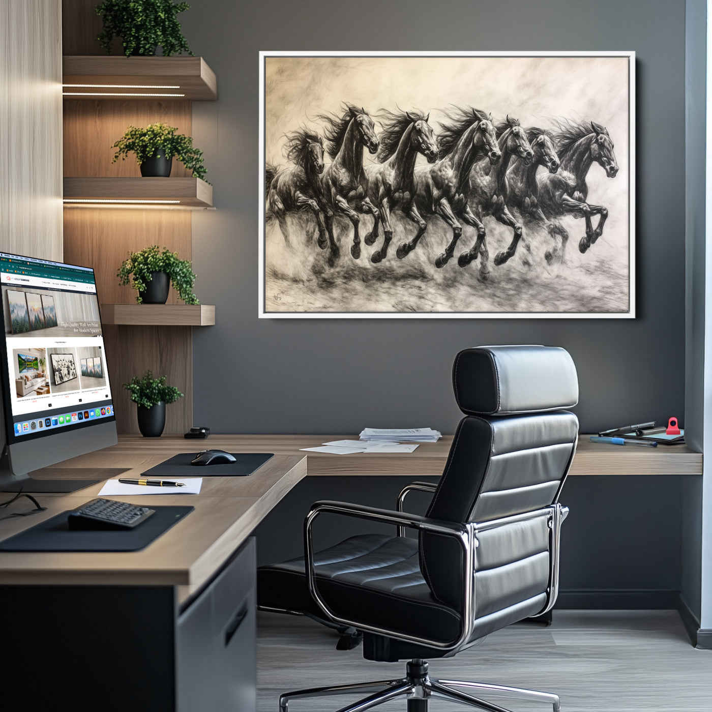 -Galloping Horses Wall Art Canvas Print, Framed Wild Stallions Art Picture Print, Horse Herd Sketch