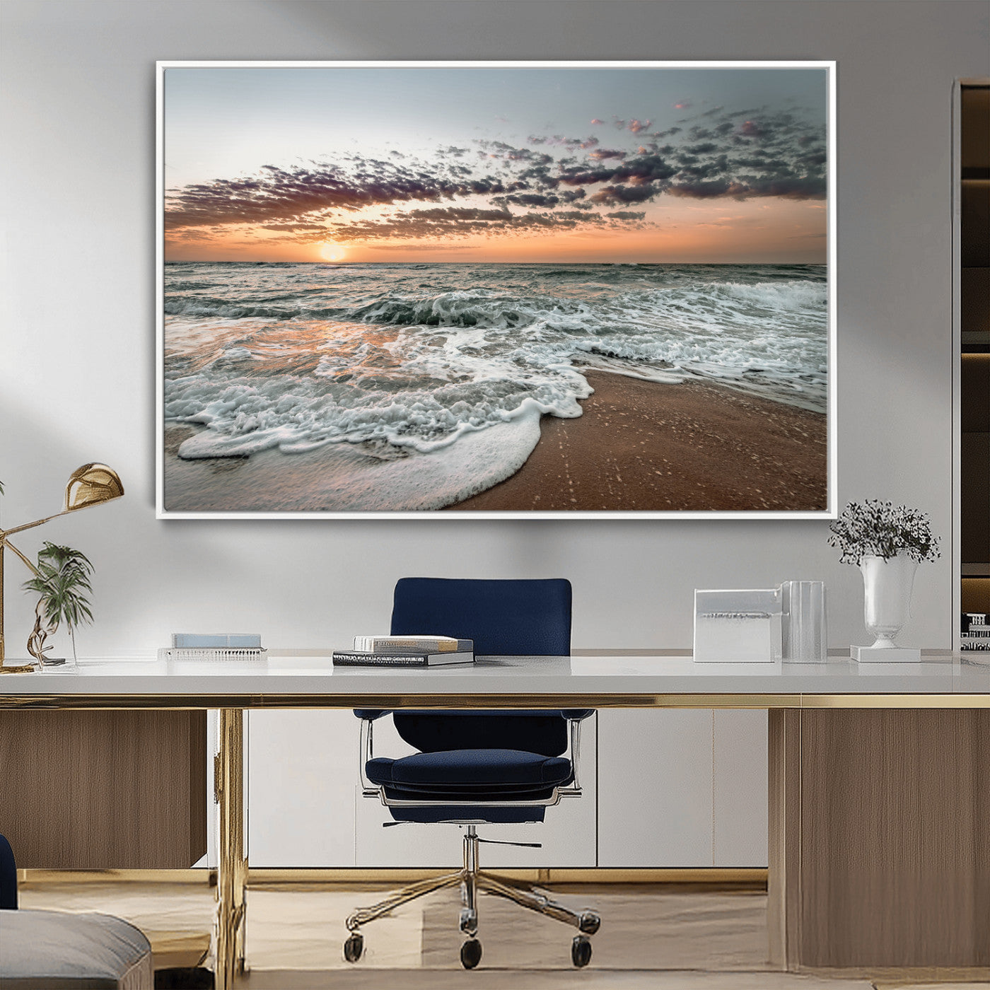 40632752-MGV-CV-36X24-Ocean Sunset Wall Art Canvas Print – Framed Beach Waves Scene with Coastal Artwork for Home, Office, Living Room