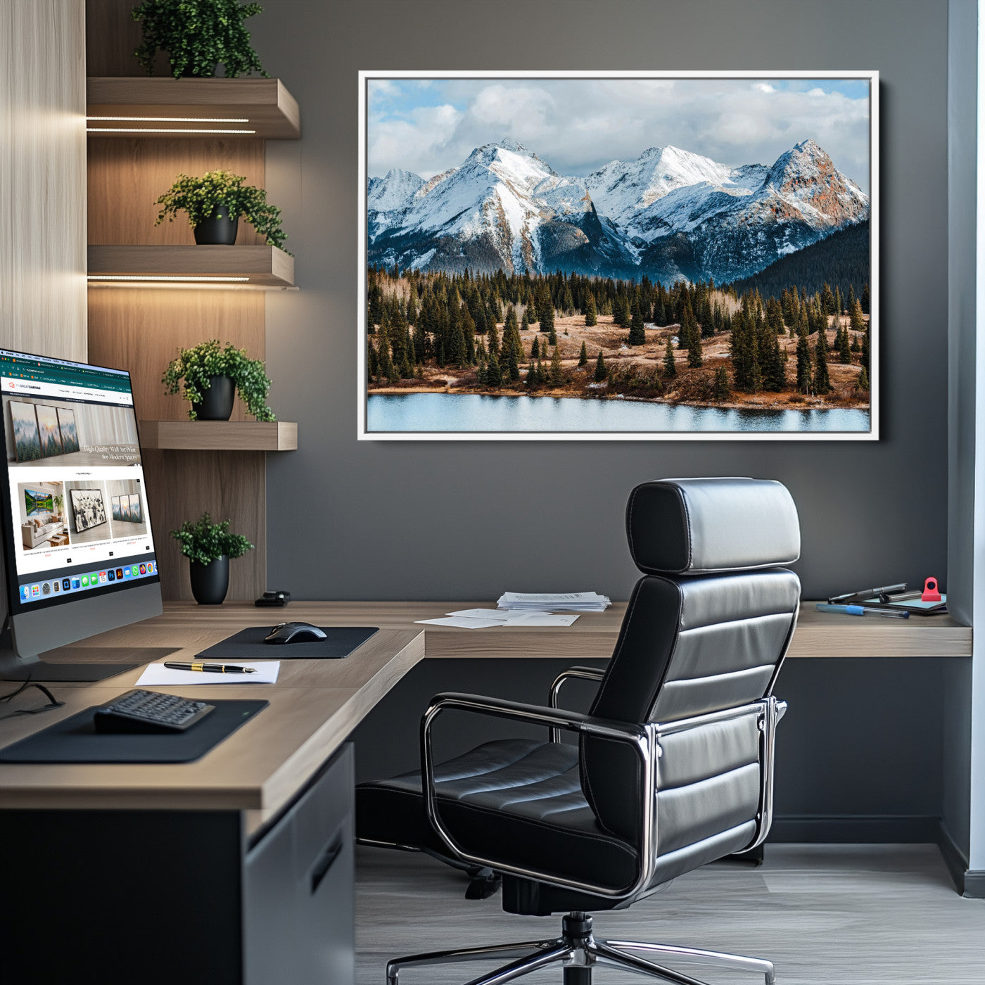 -Snowy Peaks Wall Art Canvas Print, Framed Alpine Lake Art Picture Print, Pine Forest Perfect Alpine