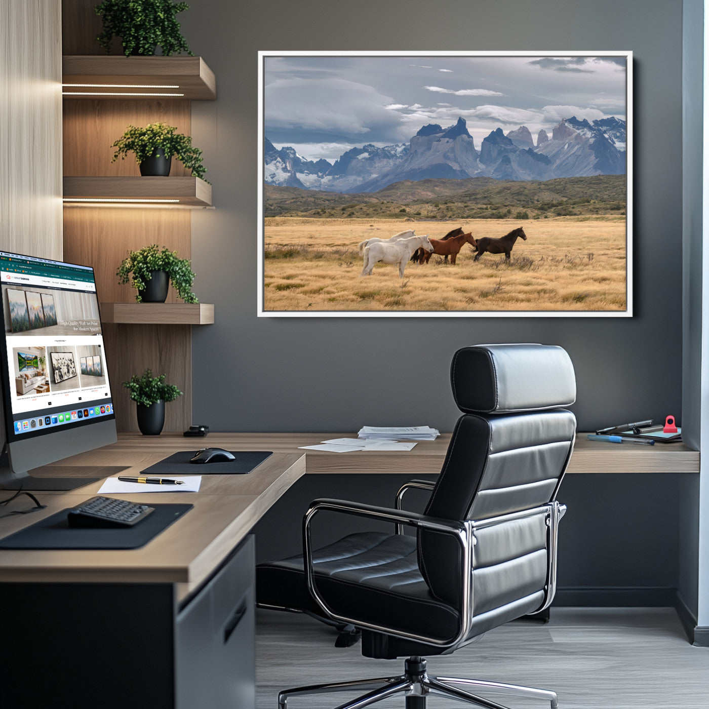 69960232-MGV-CV-36X24-Horses Grazing Wall Art Canvas Print – Framed Mountain Field Scenic Landscape Cloudy Sky Nature Artwork for Home Office
