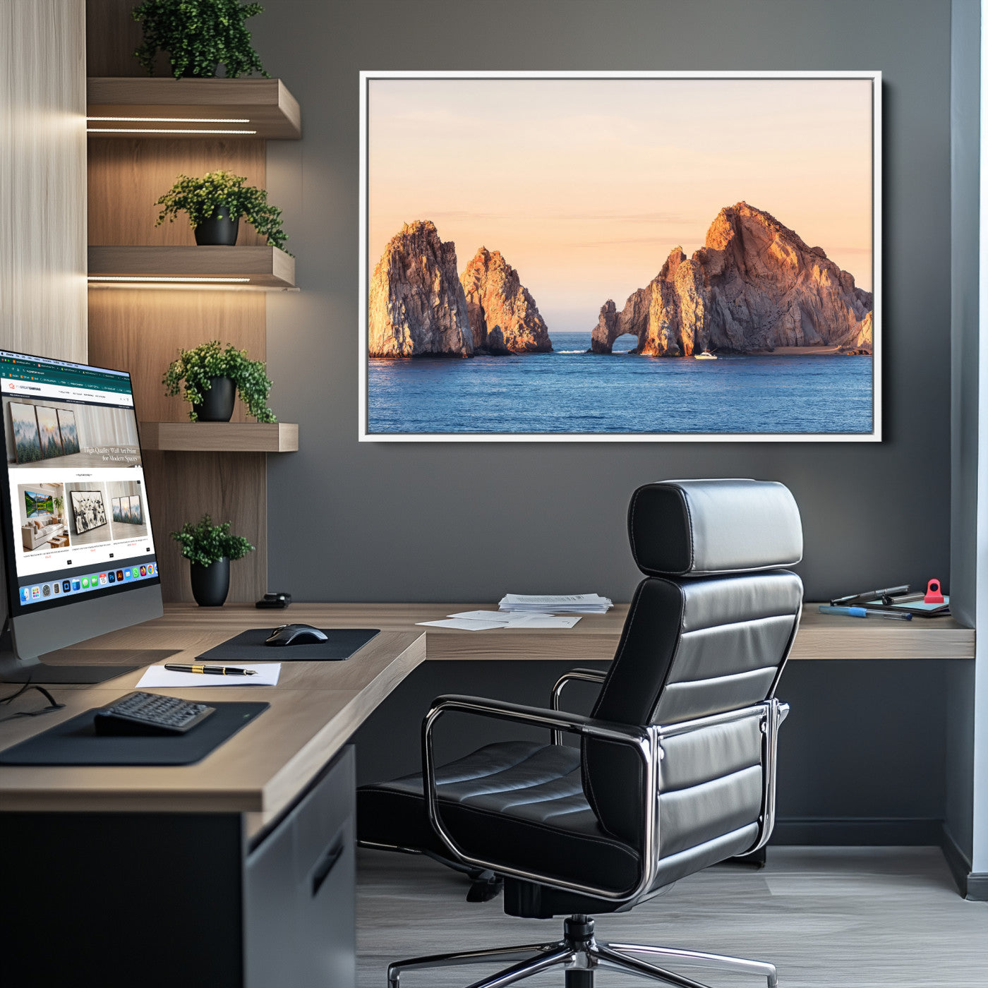 -El Arco Wall Art Canvas Print, Framed Cabo Rocks Art Picture Print, Ocean Arch Perfect Golden