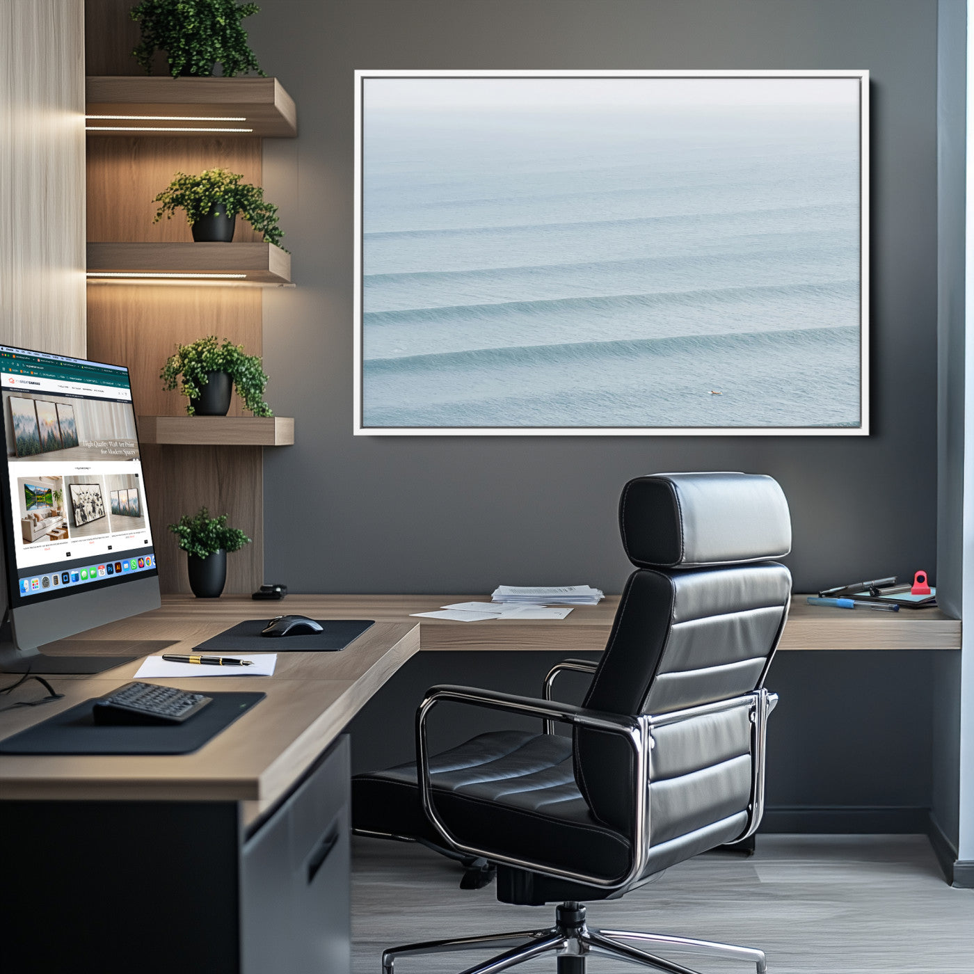 -Ocean Waves Wall Art Canvas Print, Framed Solo Surfer Art Picture Print, Wave Lines Perfect