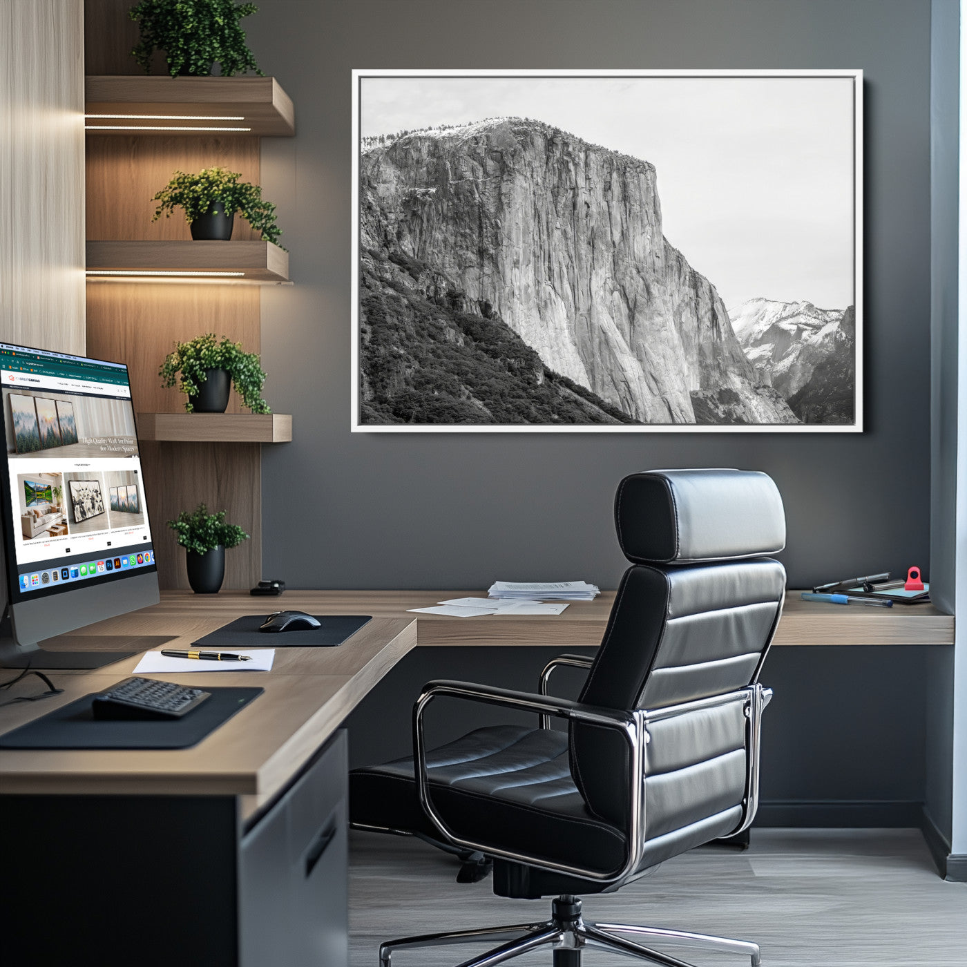 39393420-MGV-CV-36X24-El Capitan Wall Art Canvas Print – Framed Yosemite Cliff Monochrome Mountain Landscape Nature Artwork for Home Office
