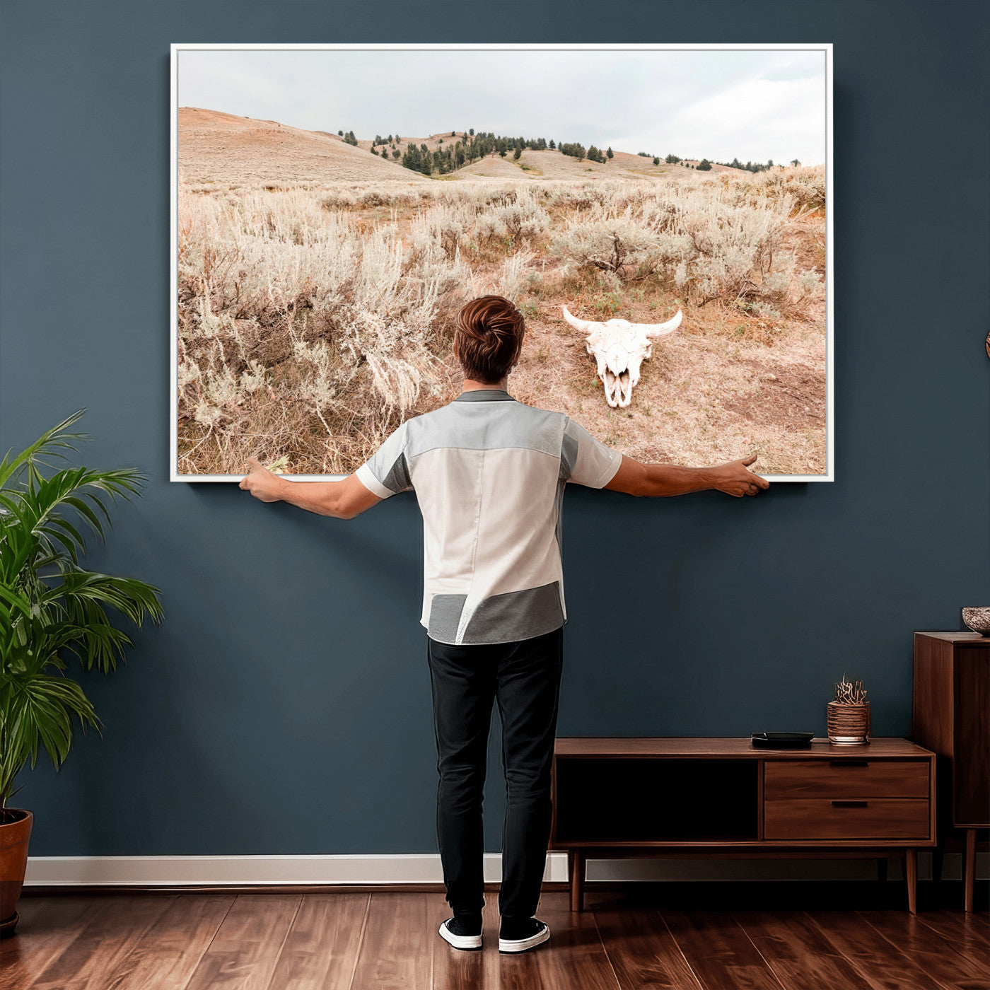 97234735-MGV-CV-36X24 - Desert Skull Wall Art – Arid Landscape & Sagebrush Canvas Print, Rustic Nature and Earth Tones for Living Room or Minimalist Decor