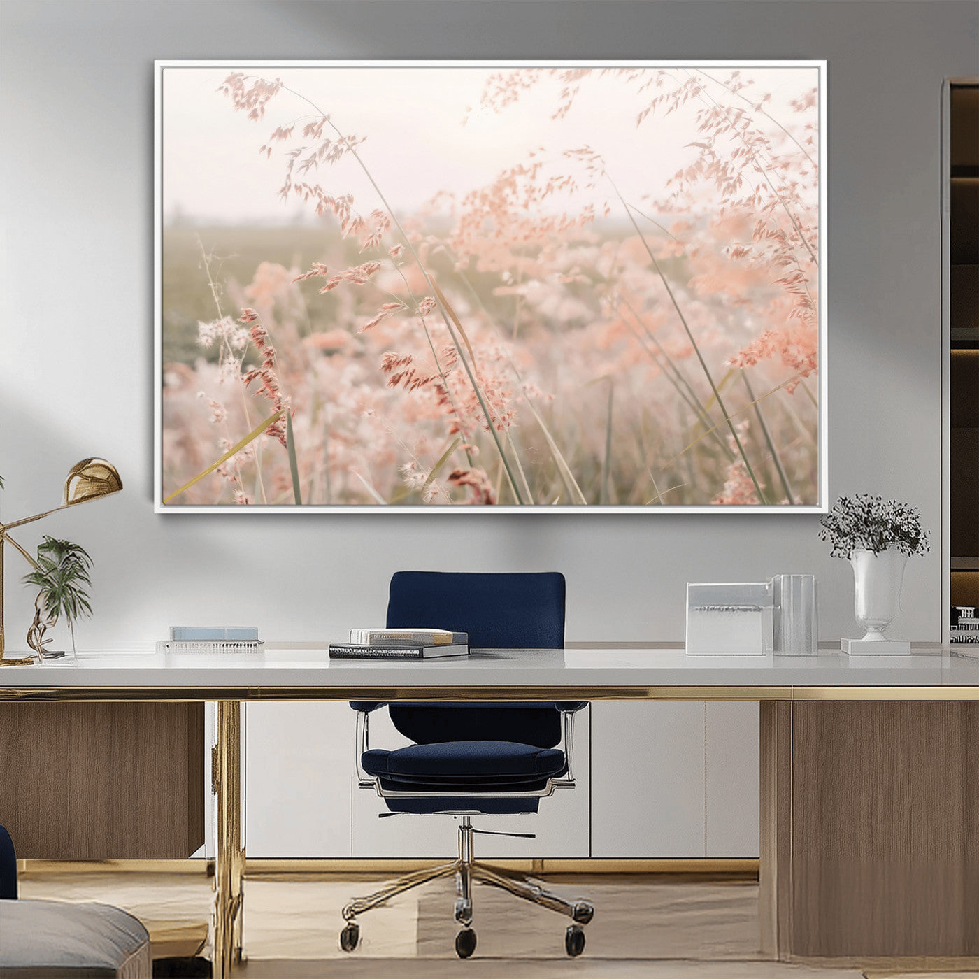 -Pastel Grasses Wall Art Canvas Print, Framed Soft Meadow Art Picture Print, Field in Breeze Perfect Soft Pastel Minimal Decor Artwork