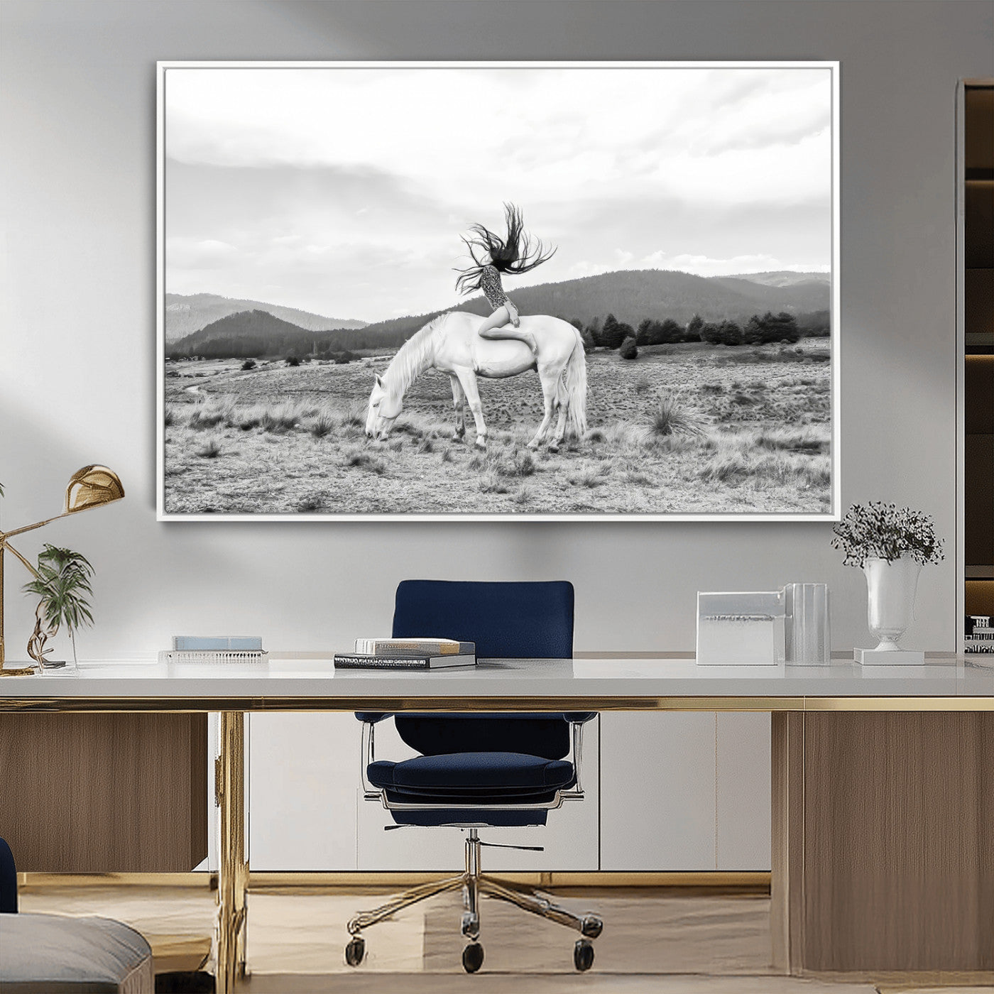 62789800-MGV-CV-36X24-White Horse Wall Art Canvas Print – Framed Woman Rider Equestrian Pose Western Boho Elegant Artwork for Home Office