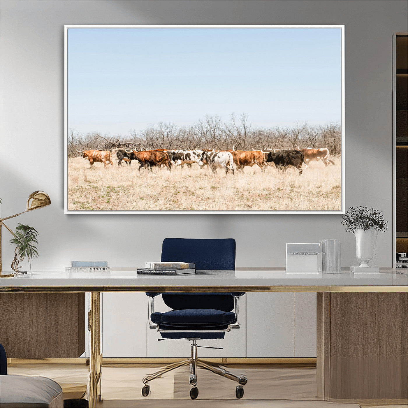 16563092-MGV-CV-36X24-Texas Longhorns Wall Art Canvas Print – Framed Western Cattle Rustic Herd Farmhouse Country Animal Artwork for Home Office