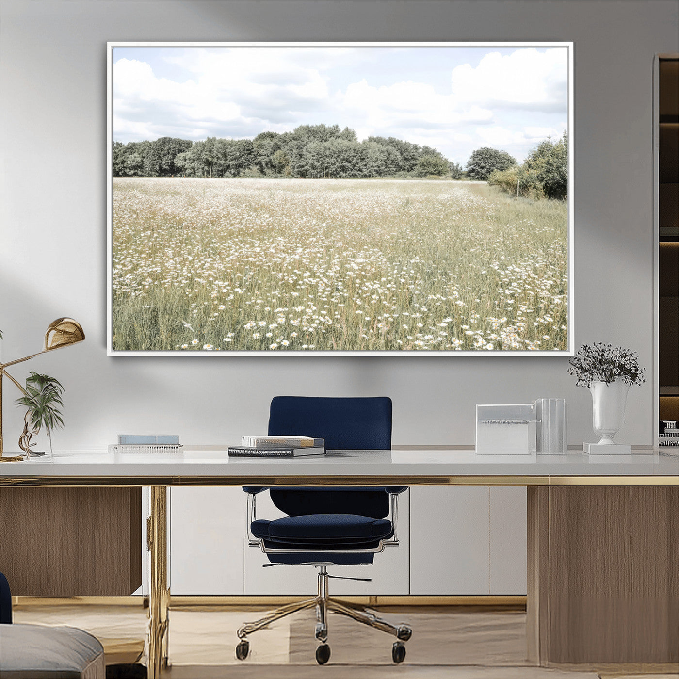 43258946-MGV-CV-36X24-Charming Daisy Field Wall Art Canvas Print – Framed Pastel Flower Meadow Bloom Scandinavian Minimal Artwork for Home Office