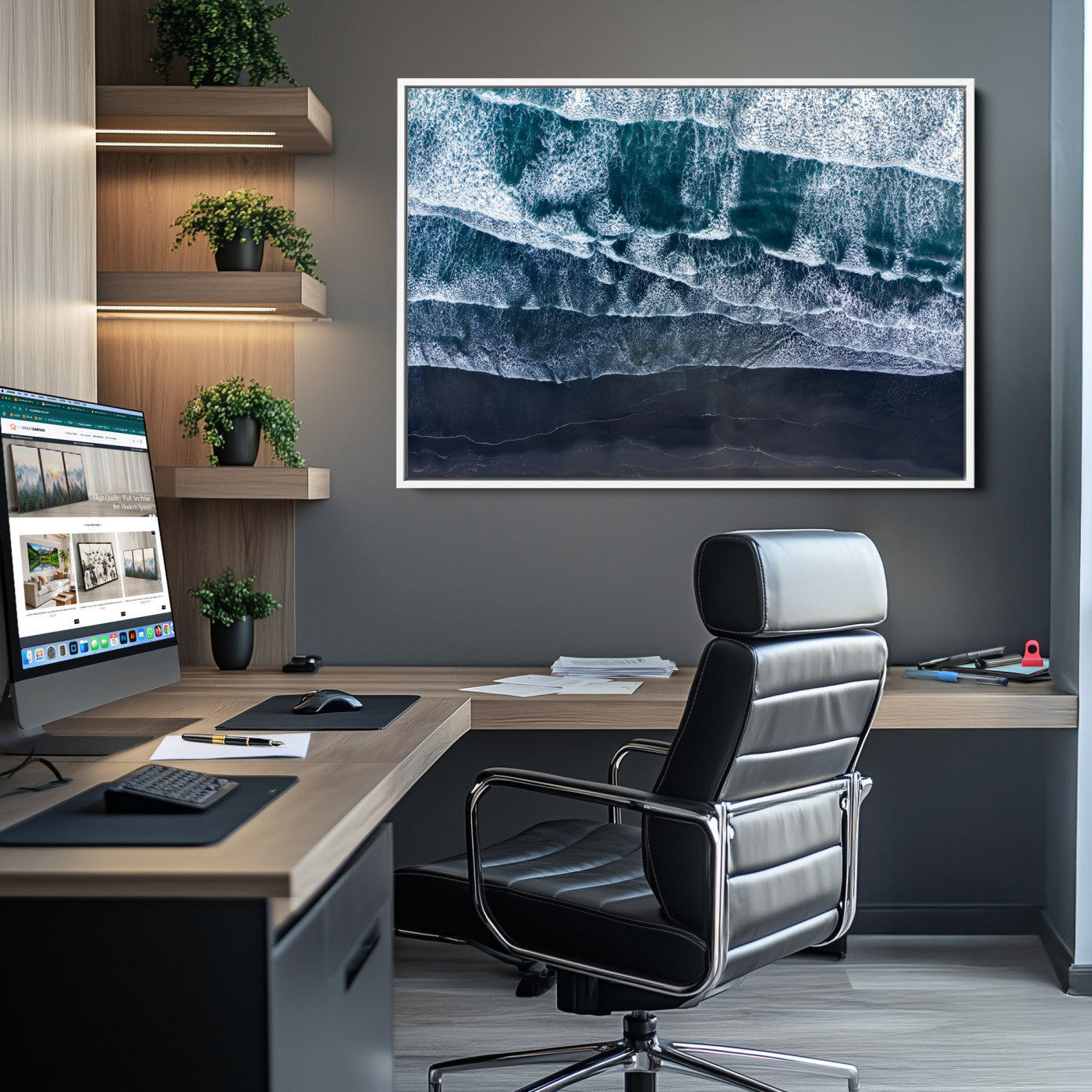 87941475-MGV-CV-36X24-Black Beach Wall Art Canvas Print – Framed Aerial Ocean View Moody Coastal Seascape Nature Artwork for Home Office