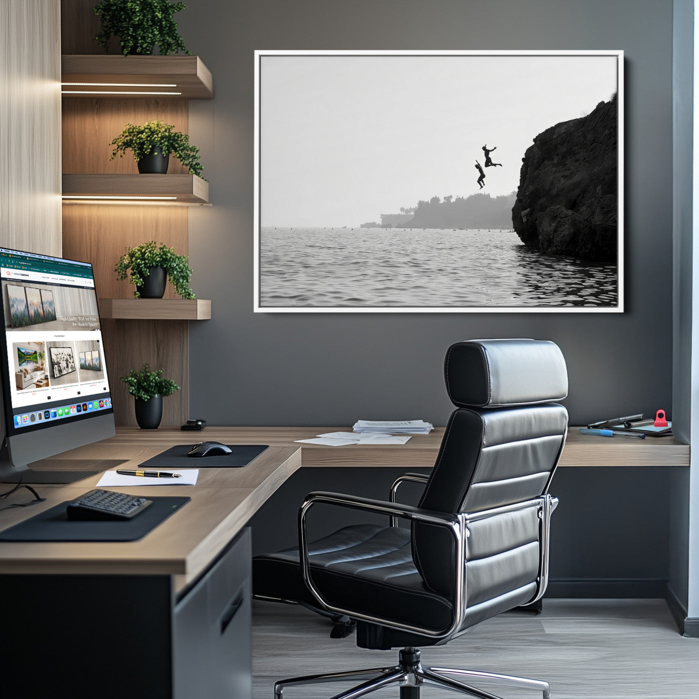 52284302-MGV-CV-36X24-Jumping Wall Art Canvas Print – Framed Coastal Ocean Scene Artwork for Relaxing Beach Home, Office Decor