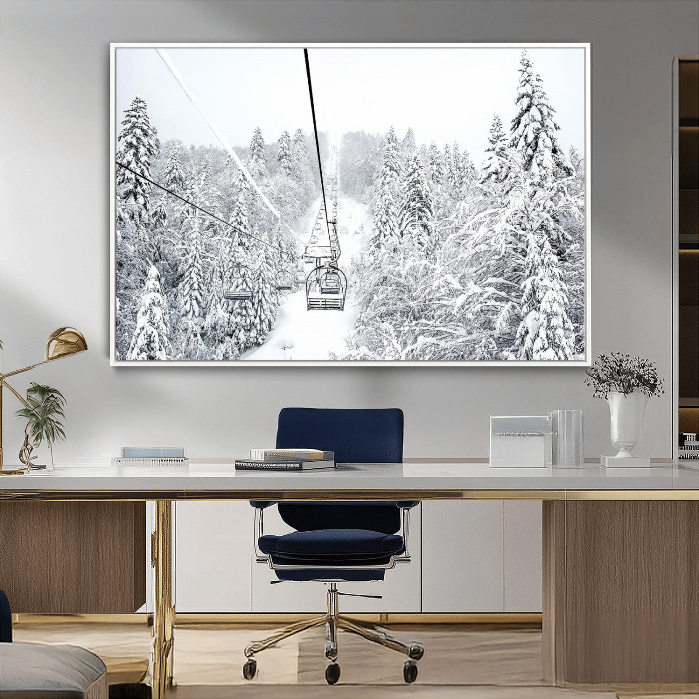 44705668-MGV-CV-36X24-Snowy Ski Lift Wall Art – Framed Winter Mountain Canvas Artwork, Serene Forest Design, Modern Nature Decor for Home, Office