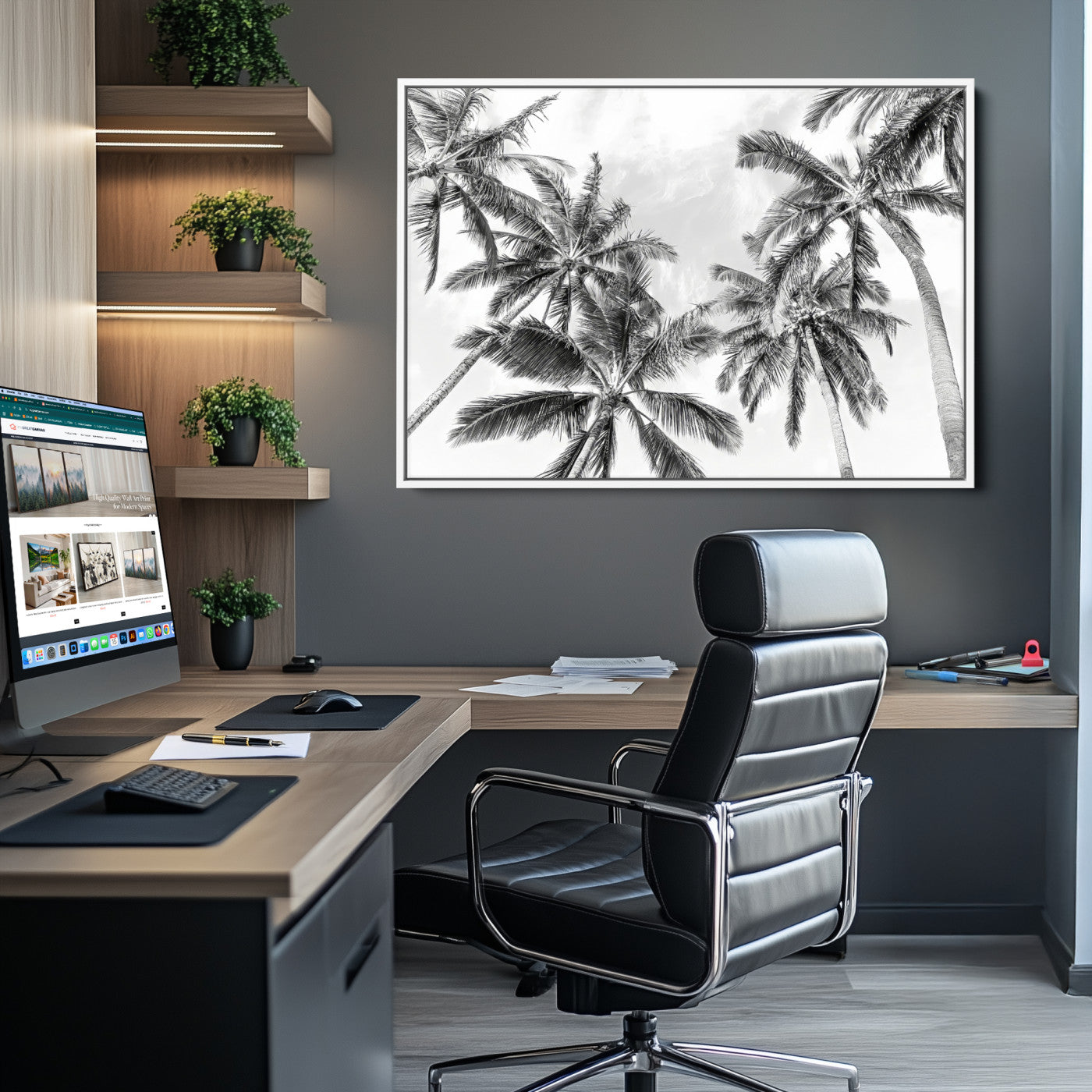 62113786-MGV-CV-36X24-Black and White Palm Wall Art Canvas Print – Framed Monochrome Tropical Beach Scene Artwork for Modern Home, Office Decor