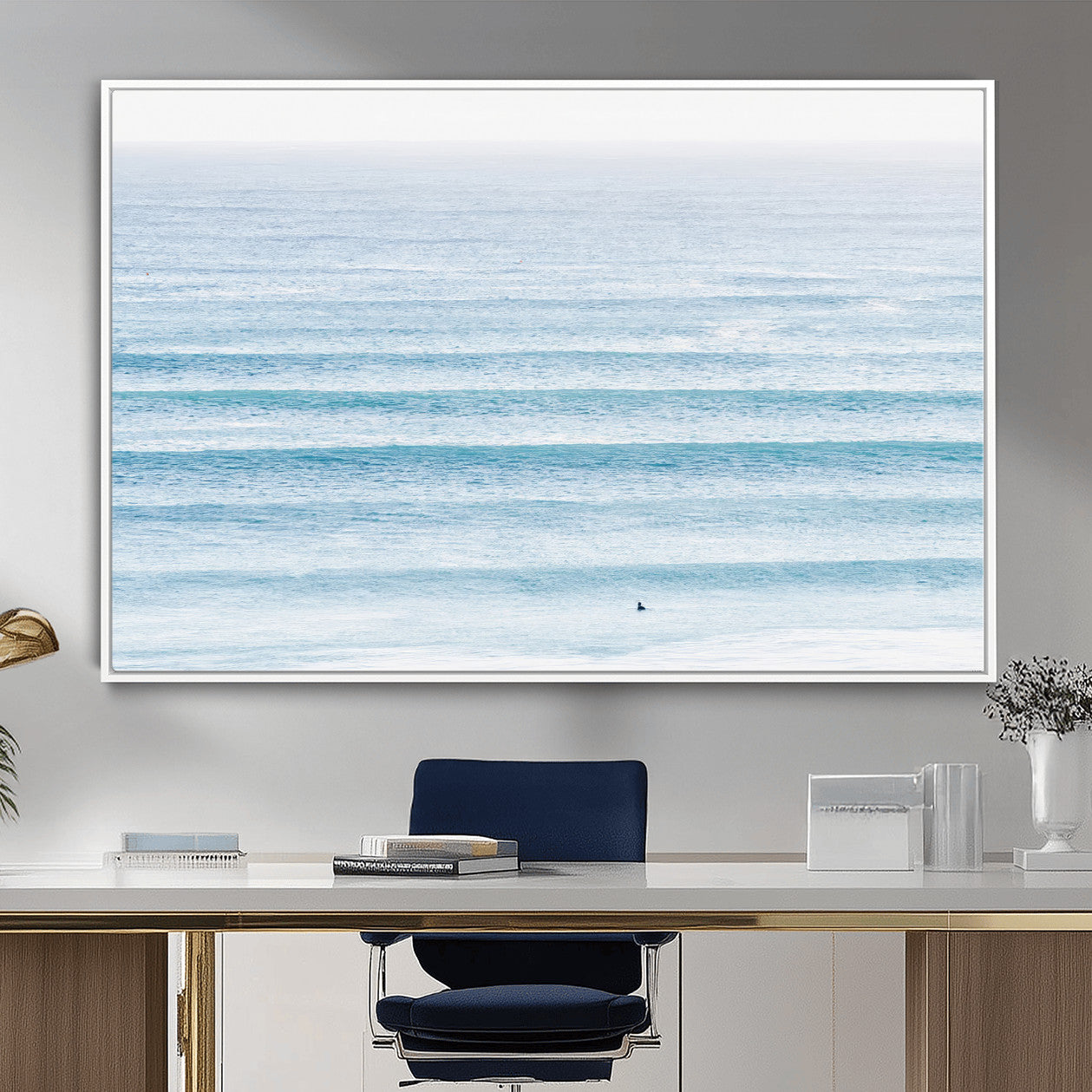 77145995-MGV-CV-36X24-Ocean Wave Surfer Wall Art – Framed Minimal Seascape Canvas Artwork, Calm Blue Water Design, Coastal Decor for Home, Office