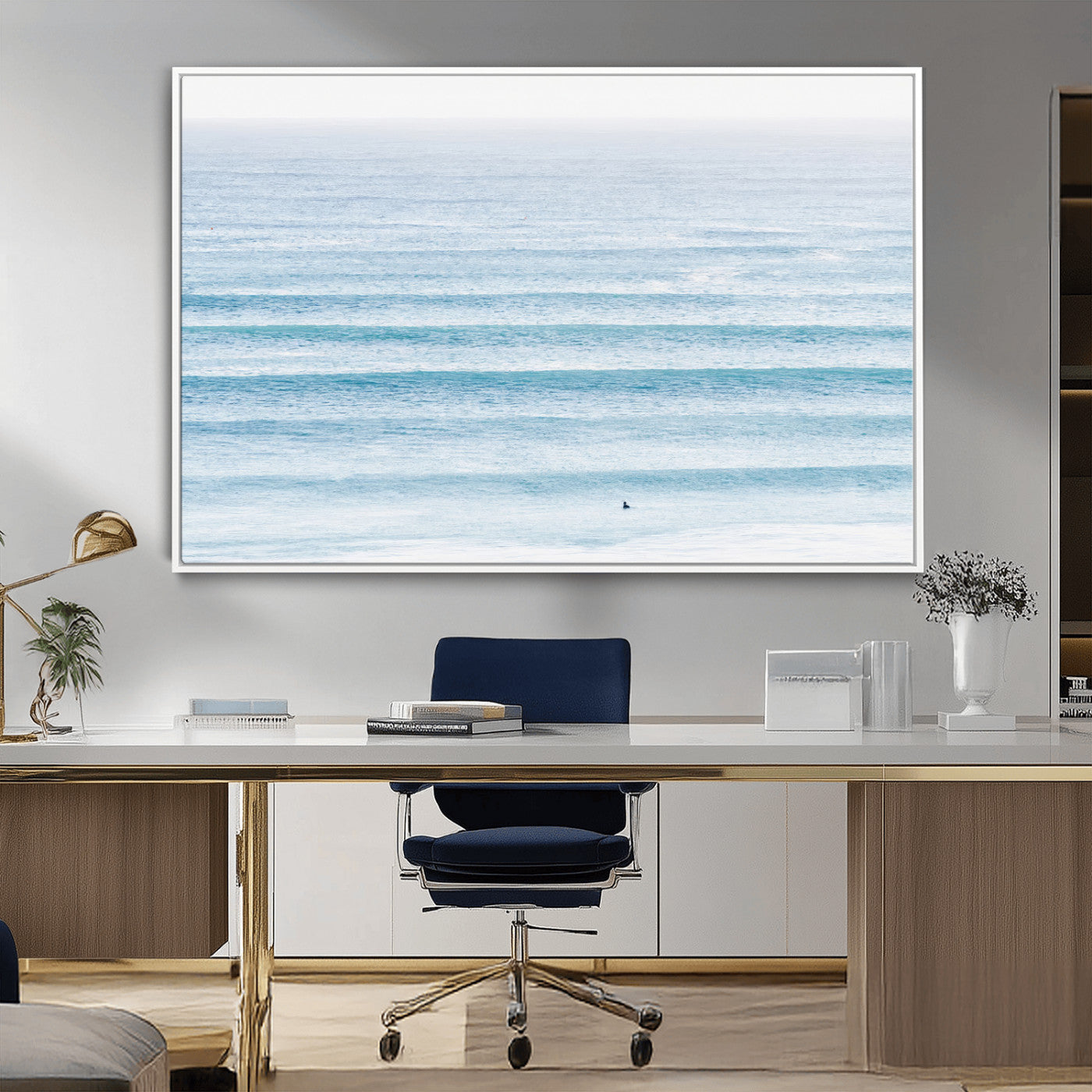 MGV-FC-36X24 - Ocean Simplicity Wall Art Canvas Print, Framed Surfer on Water Art Picture Print, Light Blue Perfect Coastal Minimalist Decor Artwork