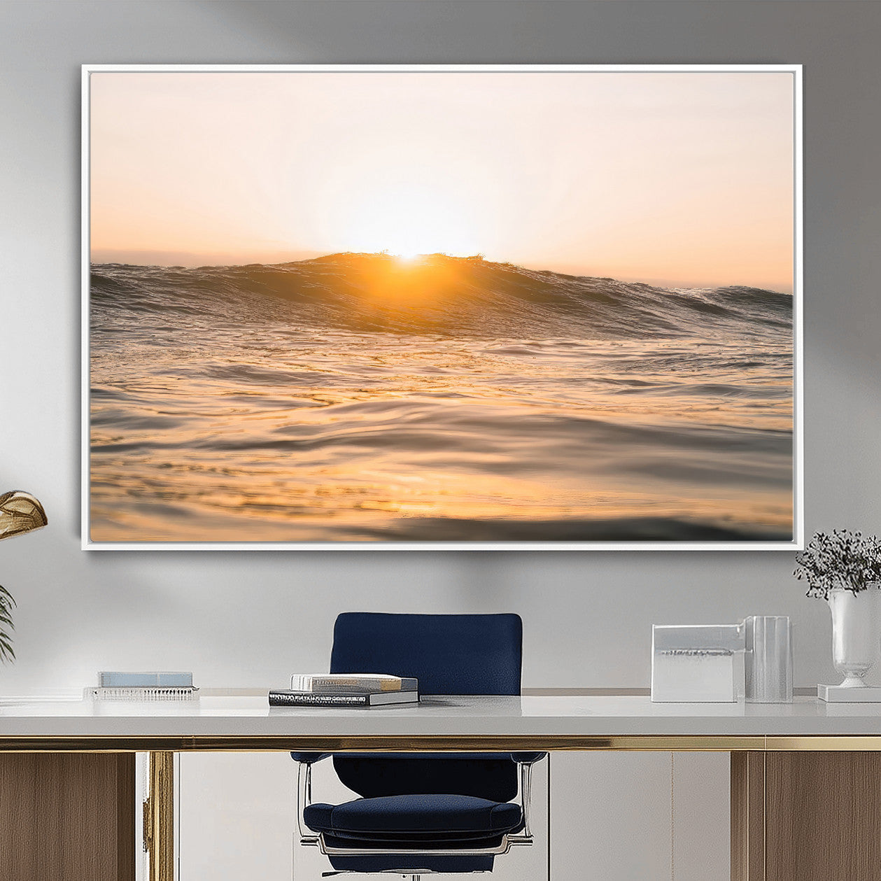 16973771-MGV-CV-36X24-Calm Water Wall Art – Framed Sunset Waves Canvas Artwork, Coastal Warm Design, Minimal Ocean Decor for Home, Office