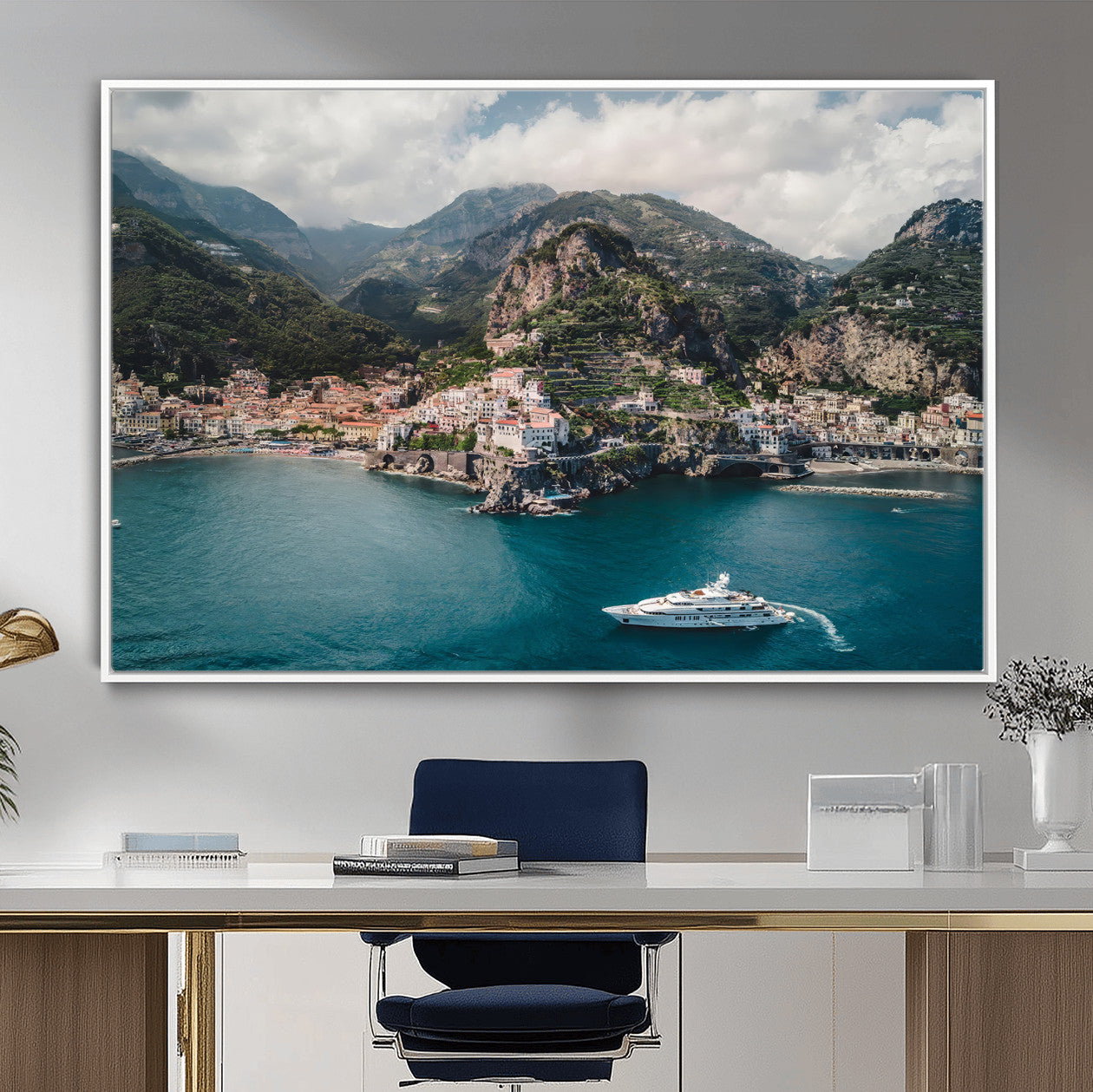 20321590-MGV-CV-36X24-Amalfi Coast Wall Art – Framed Italian Seaside Canvas Artwork, Mediterranean Landscape Design, Coastal Decor for Home, Office