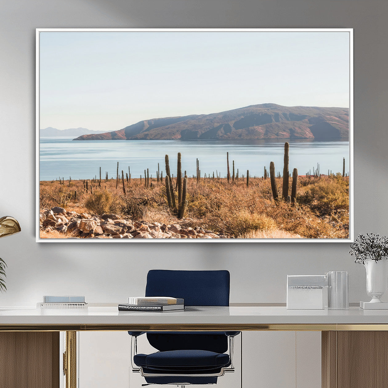 MGV-FC-36X24 - Desert Cactus Wall Art Canvas Print, Framed Baja Coastline Art Picture Print, Coastal Desert Perfect Southwestern Minimalist Decor Artwork
