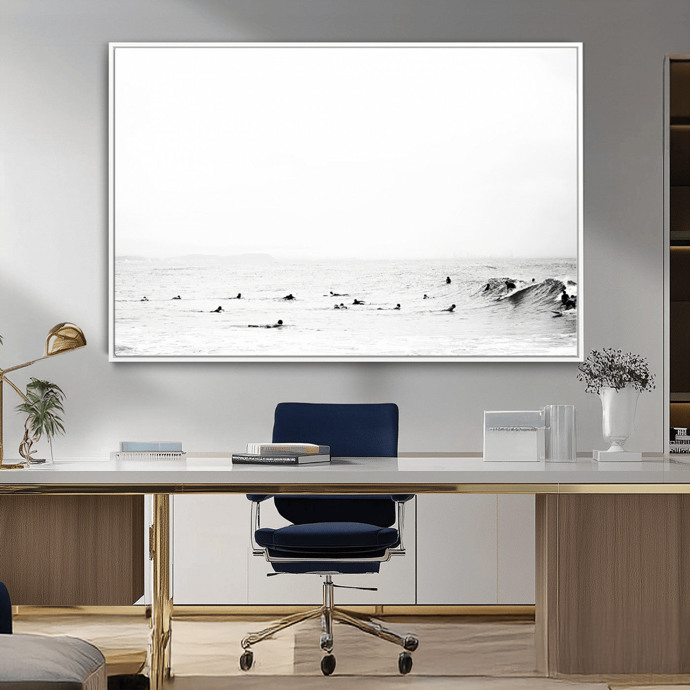 38441169-MGV-CV-36X24-Monochrome Swimming Wall Art Canvas Print – Framed Ocean Horizon Art Picture Moody Coastal Artwork for Home Office