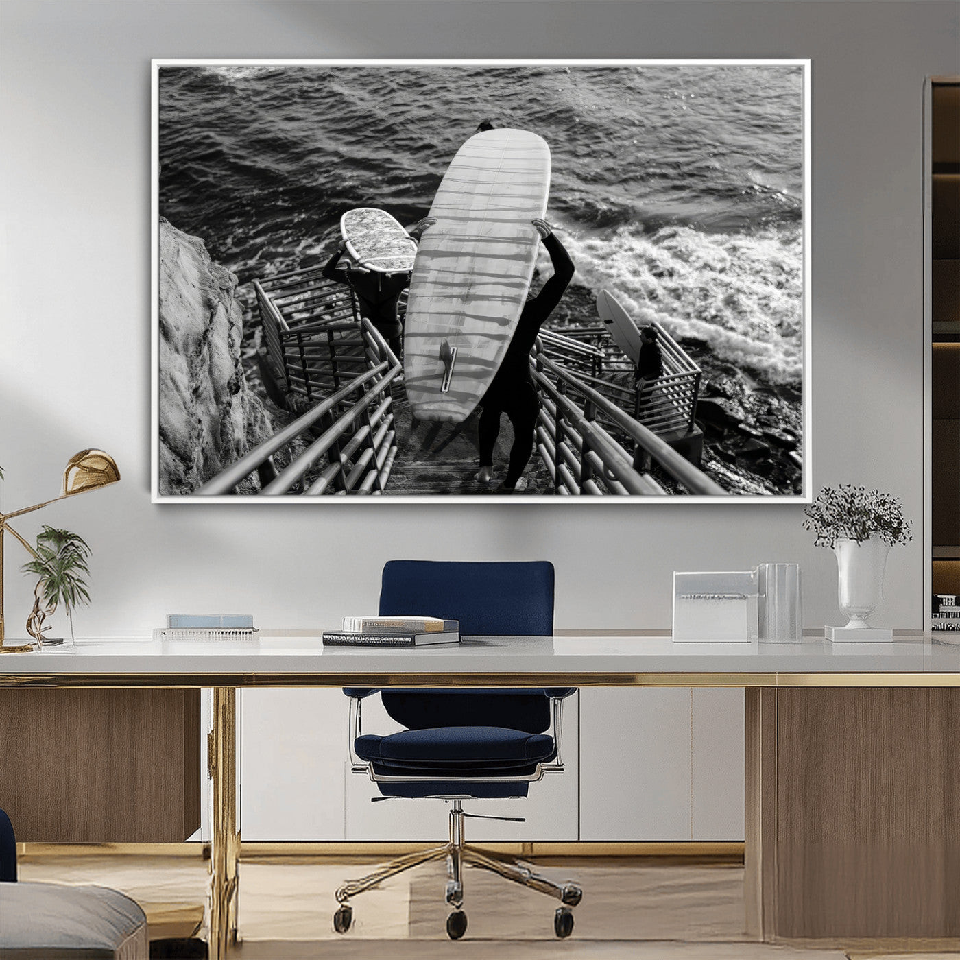 32353707-MGV-CV-36X24-Black and White Surfing Wall Art Canvas Print – Framed Coastal Wave Riders Adventure Artwork for Home, Office