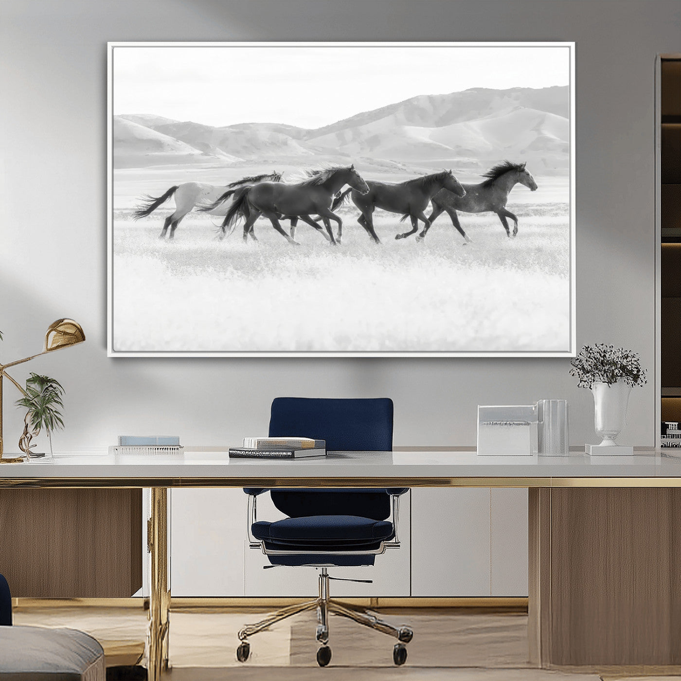 MGV-FC-36X24 - Wild Horses Wall Art – Black & White Canvas Print of Herd Running, Nature in Motion, Freedom & Beauty Decor for Guest Room, Office or Living Room