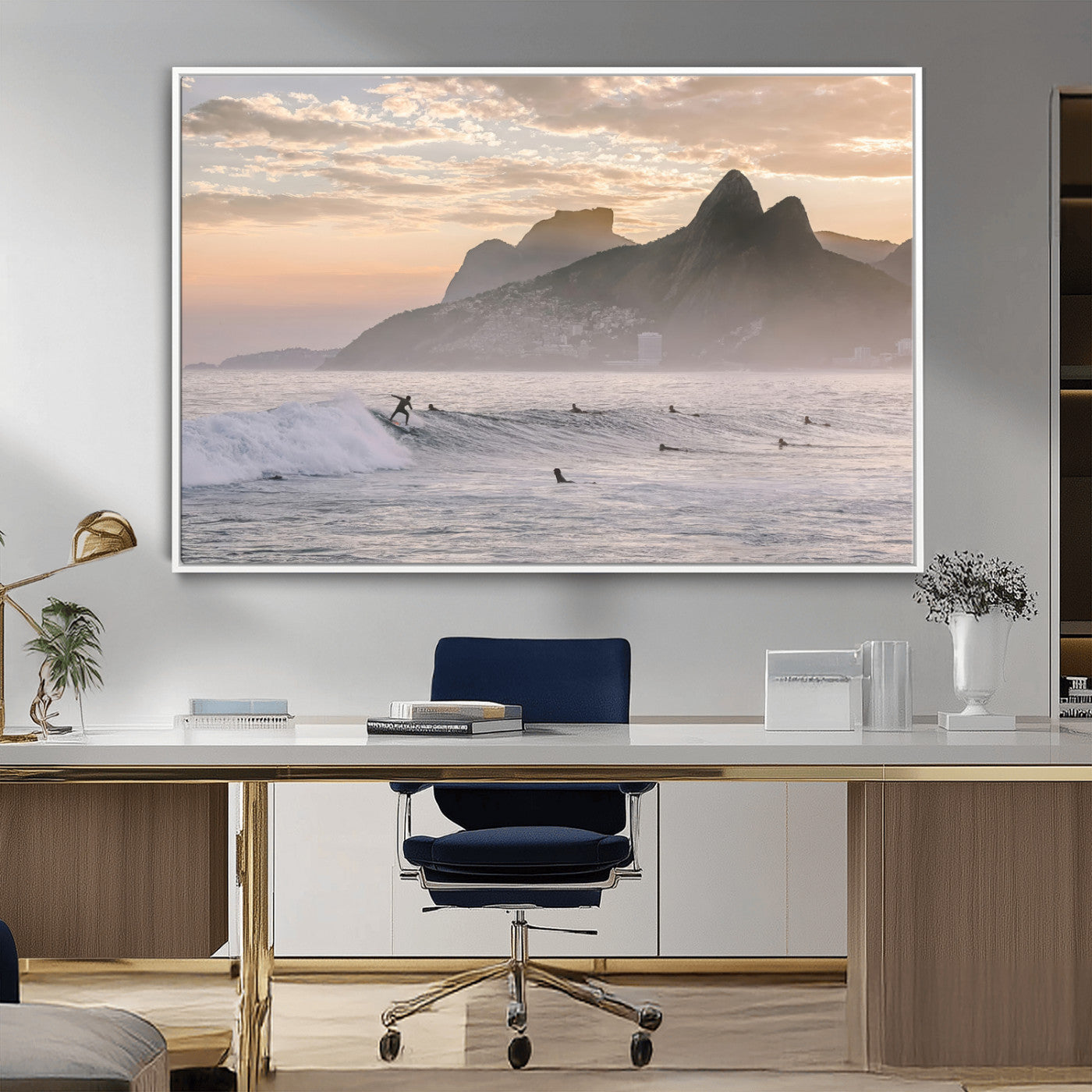 -Sunset Surfing Wall Art Canvas Print – Framed Misty Mountains with Surfer Riding Wave Artwork for Home, Office