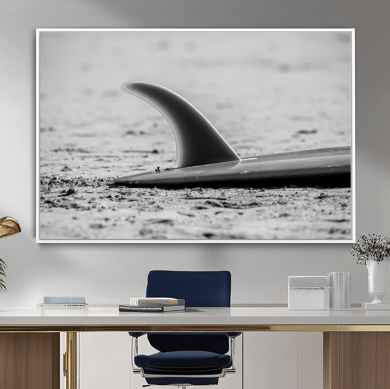 MGV-FC-36X24 - Black White Surfboard Wall Art Canvas Print, Framed Minimalist Beach Art Picture Print, Surf Fin Perfect Minimalist Coastal Decor Artwork