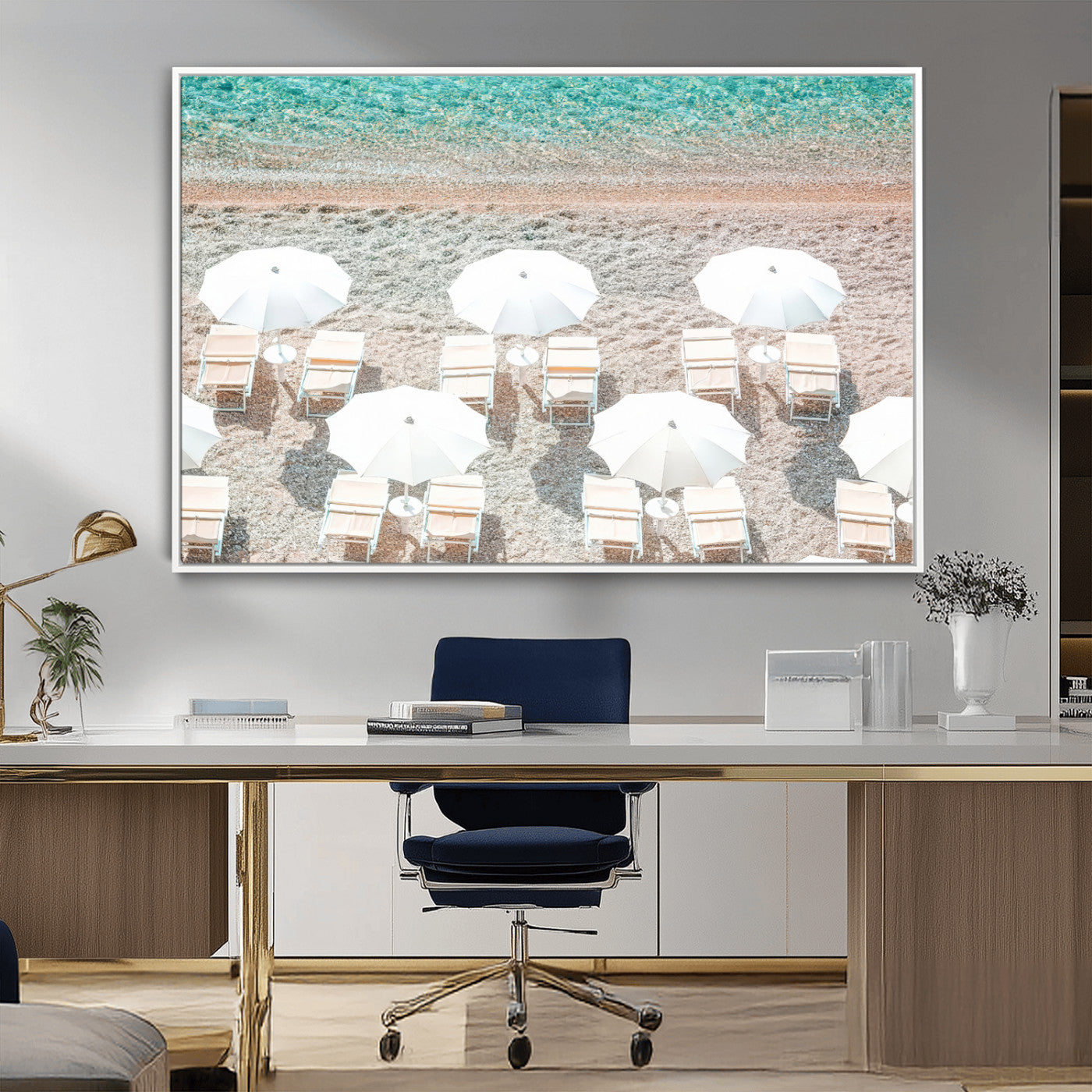 MGV-FC-36X24 - Calm Beach Wall Art Canvas Print, Framed Turquoise Water Art Picture Print, Umbrella Shoreline Perfect Coastal Minimalist Decor Artwork