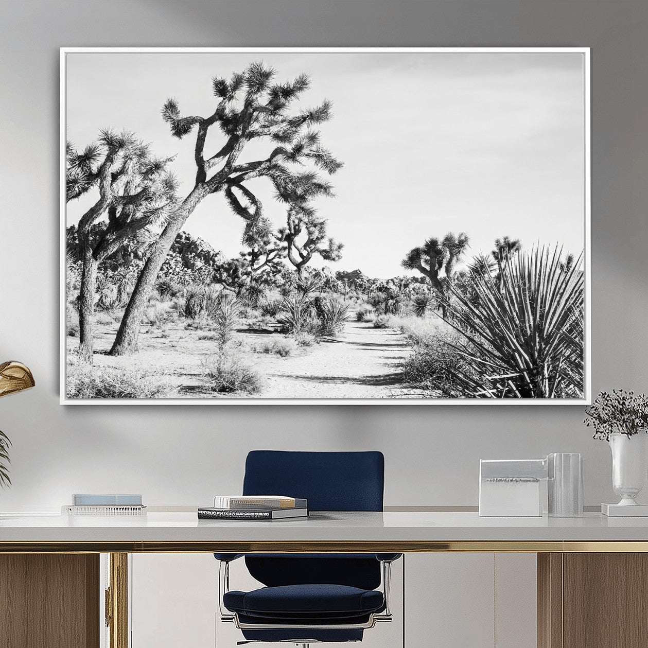 MGV-FC-36X24 - Joshua Tree Desert Wall Art – Black & White Canvas Print of Desert Landscape, Nature Serenity Decor for Guest Room, Office or Living Room